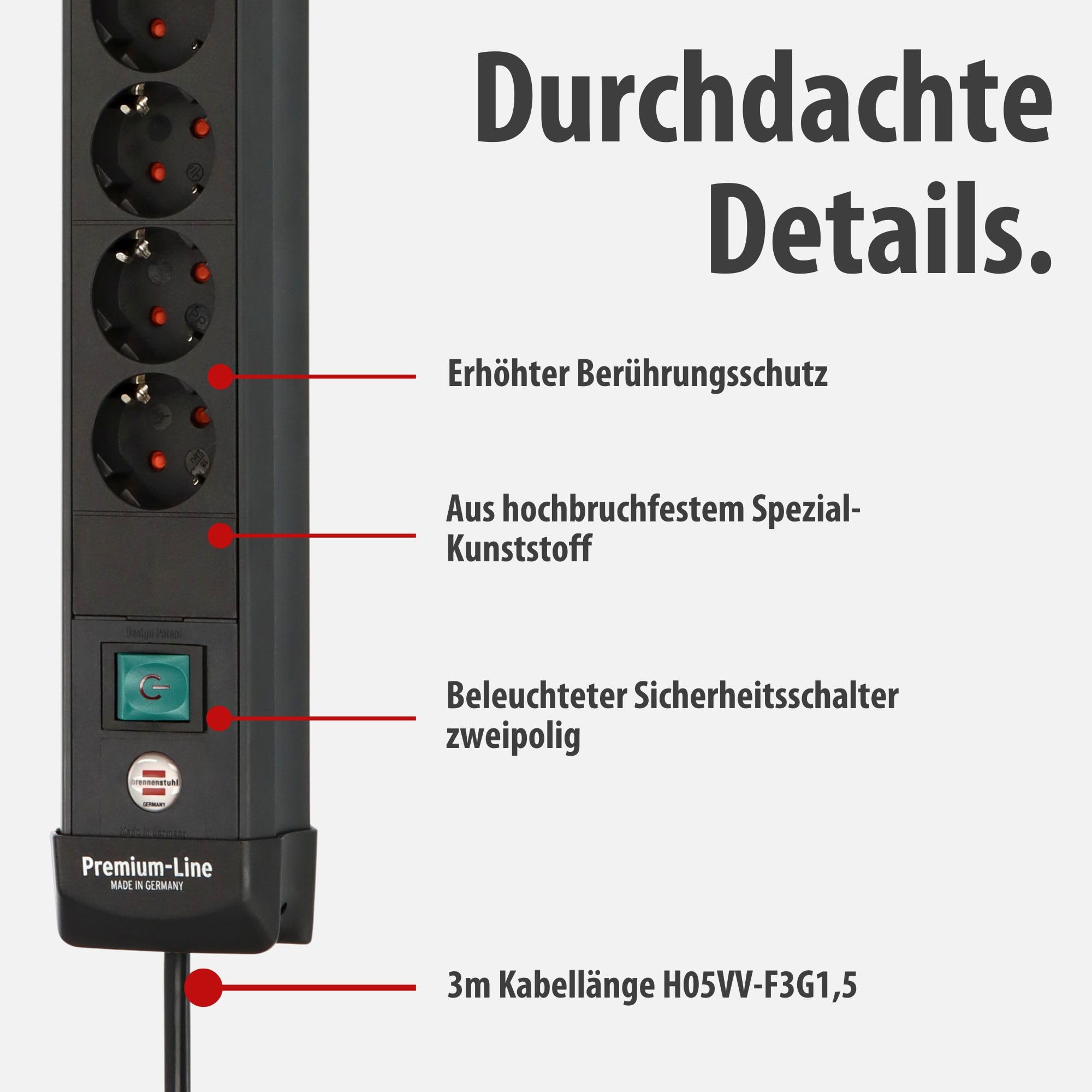 Brennenstuhl Premium-Line Steckdosenleiste 6-fach mit USB, 3m | Mit USB C PD 30W und USB A 18W, Made in Germany, Mehrfachsteckdose mit Schalter, Steckerleiste zur Wandmontage, schwarz