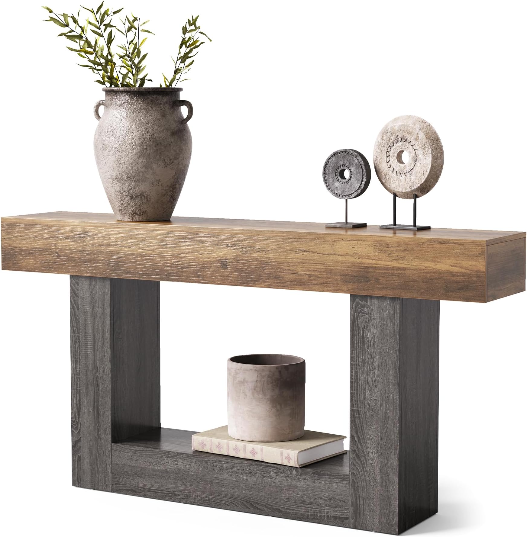 LITTLE TREE 63" Long Console Table 2-Tier Farmhouse Sofa Table for Living Room Large Narrow Entrance Table with Sturdy Base Wood Hallway Entryway Table Rustic Brown and Grey