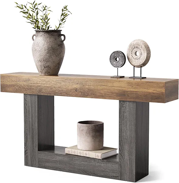 LITTLE TREE 63 Inches Long Console Table, 2-Tier Farmhouse Sofa Table Behind Couch, Large Narrow Entryway Table for Living Room, Wooden Hallway Foyer Table with Heavy Duty Base, Rustic Brown and Grey