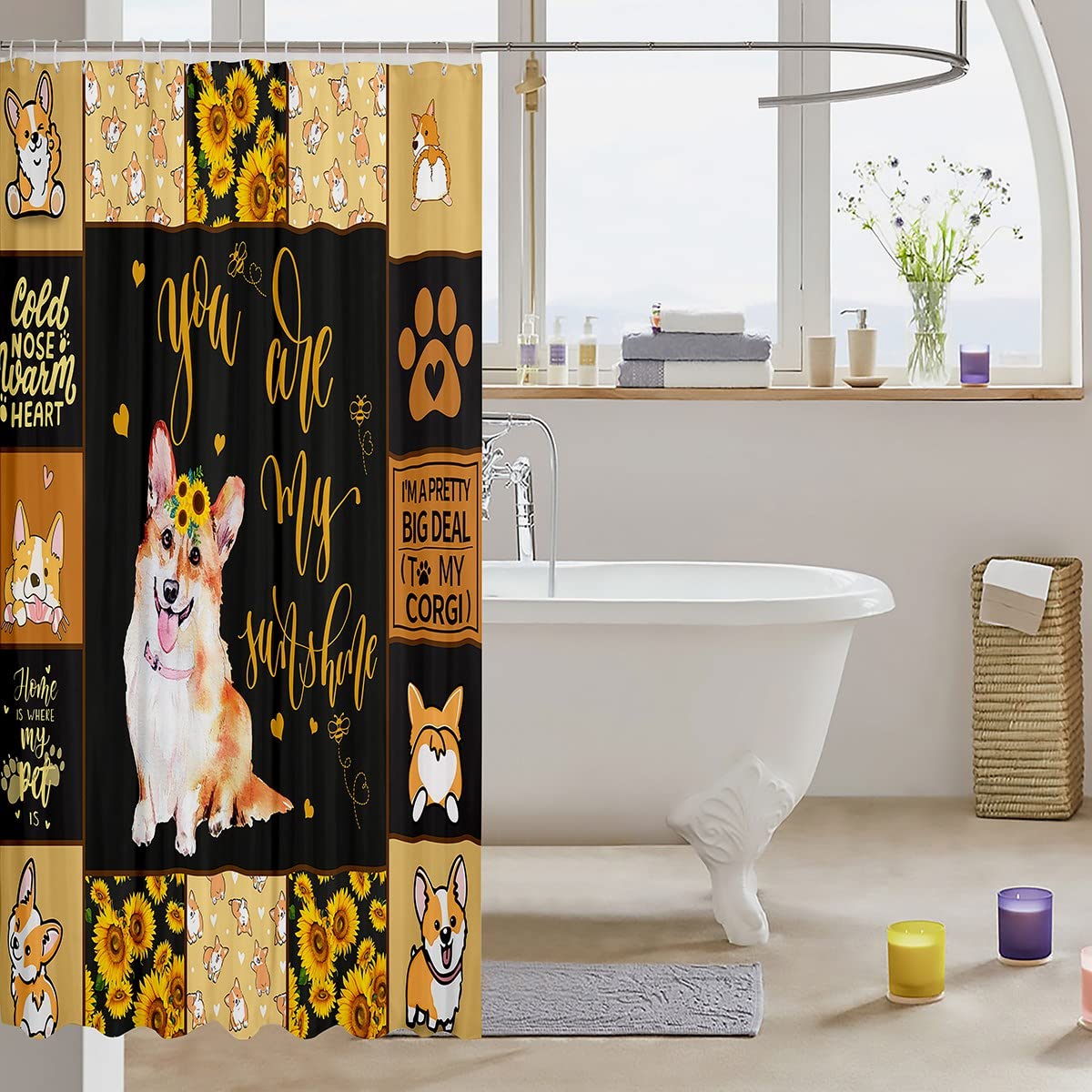 Corgi, tenda da doccia con nuvole bianche cielo, tenda da bagno per