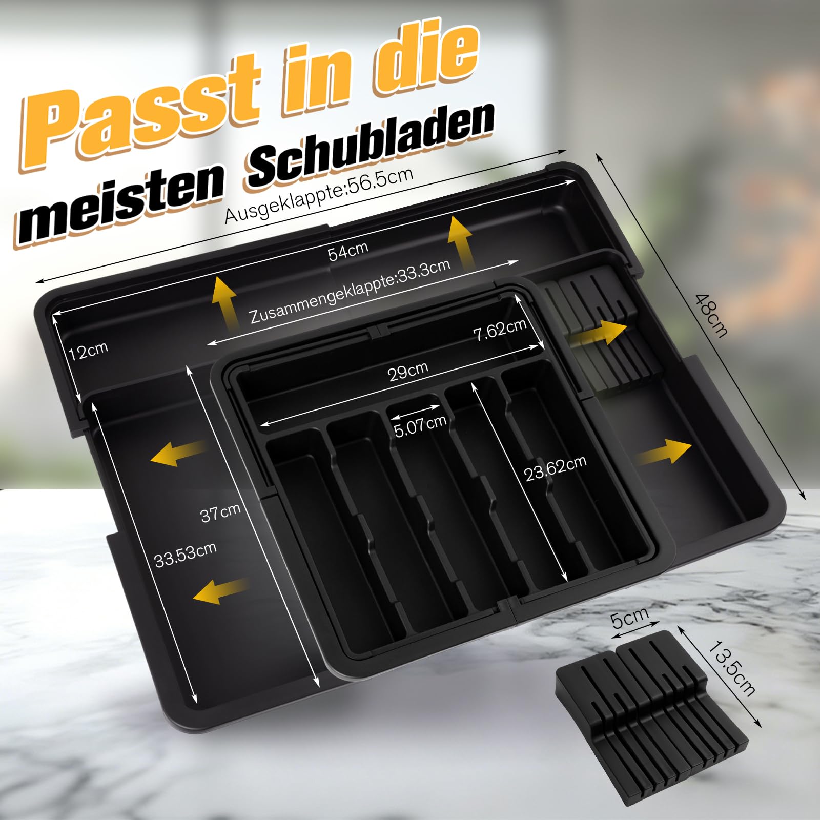 Besteckkasten für Schubladen 47 tief - Erweiterbarer Besteckschublade Einsatz mit 2 Abnehmbaren Messerblöcken, Organizer Küche Besteck in groß ausziehbar bis 56x48 cm, Küchenzubehör