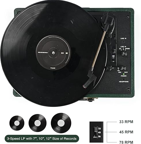 Miniatura 3 de Reproductor de discos de vinilo de 3 velocidades con Bluetooth, maleta, portátil, impulsado por correa, con altavoces integrados, salida de línea