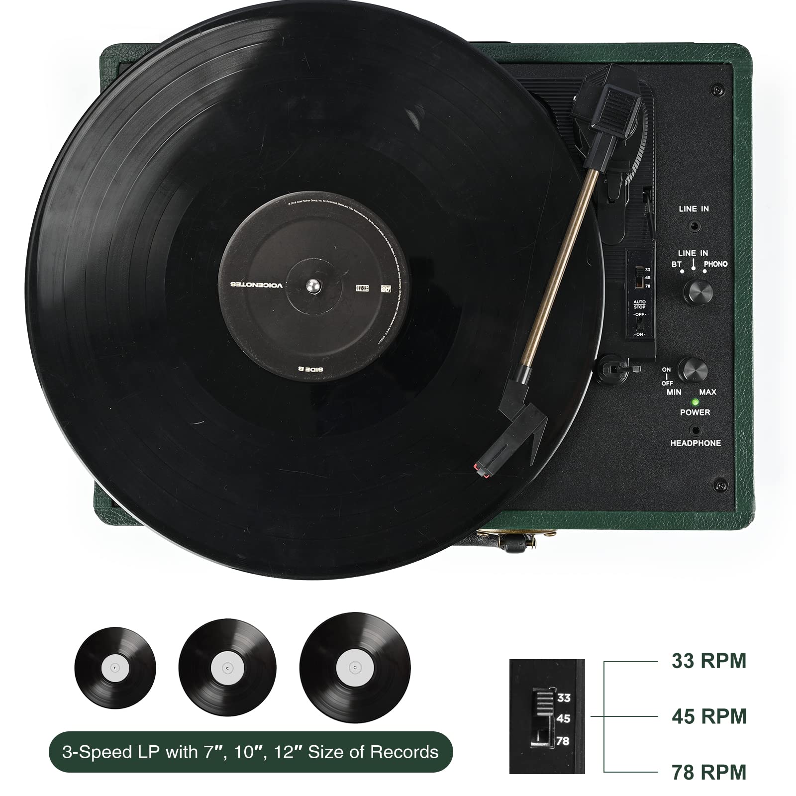 Vinyl Plattenspieler 3-Gang 33/45/78 U/min Bluetooth Koffer Tragbarer Schallplattenspieler mit Riemenantrieb und eingebauten Lautsprechern RCA Line Out AUX in Kopfhöreranschluss Vintage Turntable