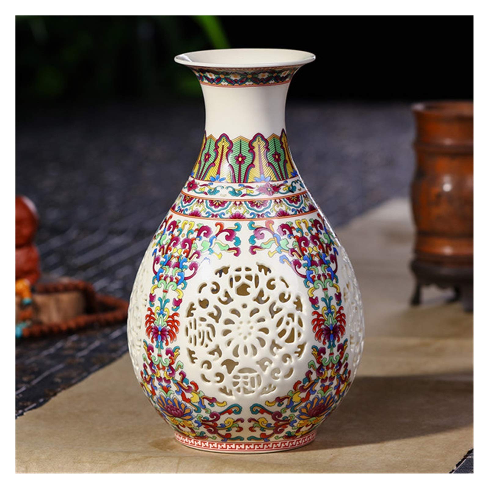 asdchZen Vases Antique Ceramic Vase Chinese Pierced Vase Wedding Gifts Home Handicraft Furnishing Articles Vases For Decor,H