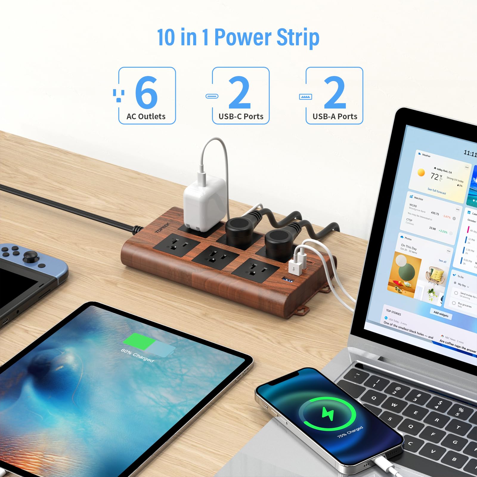 TOPREK Surge Protector Power Strip (2100J), 6 Widely-Spaced Outlets with 2 USB-C & 2 USB-A, 6.5 FT Extension Cord with Ultra-Thin Flat Plug, Wood Finish Power Strip with USB for Home, Office