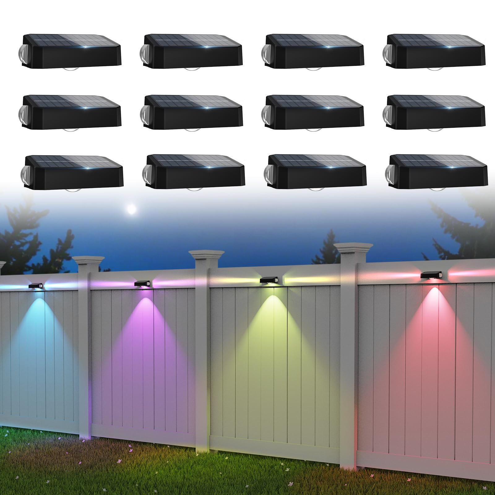 Solar Fence Lights Outdoor 12 Pack, Deck Lights with 12 Mode RGB Color Changing, Warm & Cool White, IP65 Waterproof Dusk to Dawn Solar Outdoor Lighting for Wall, Patio, Step, Backyard, Garden, Outside