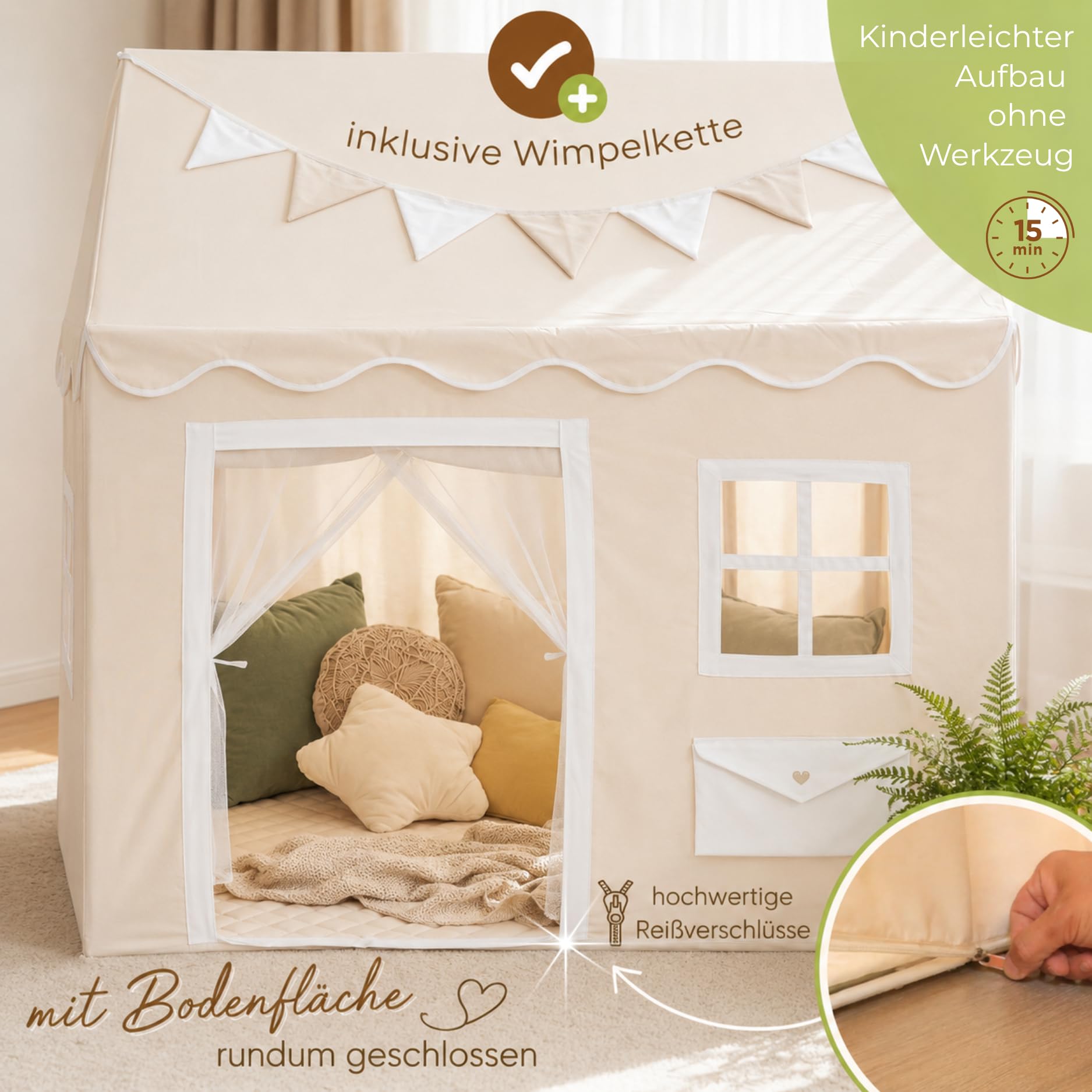 LIONHERZ DAS ORIGINAL - Casetta giocattolo per bambini, con cassetta postale, tenda da gioco per interni con tappeto e ghirlanda, casetta per bambini, con 3 finestre e tenda per porte