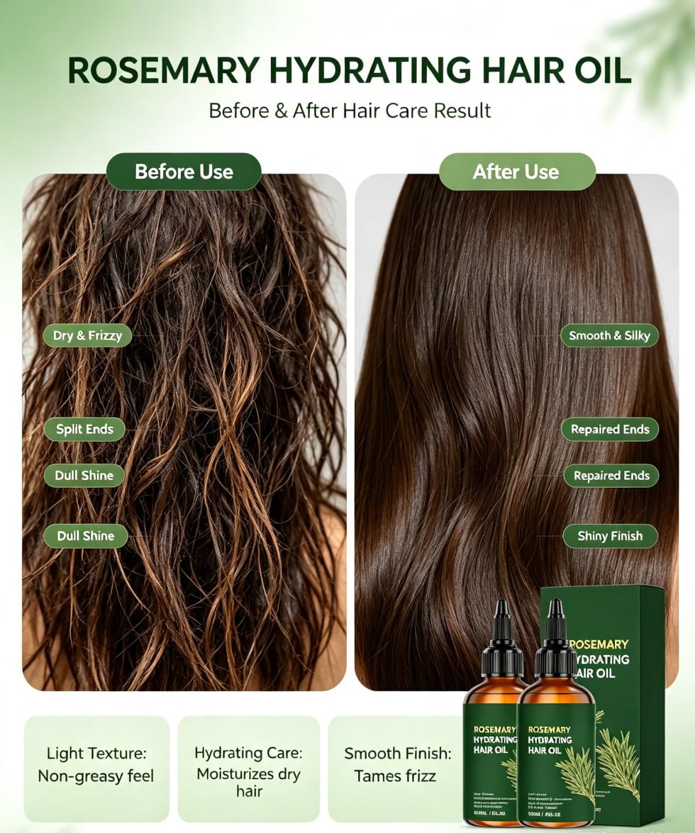 Olio per capelli multiuso al rosmarino, formula leggera non grassa, nutrimento notturno, formula sicura per tutti i tipi di capelli, cura di sé semplificata (6pcs)