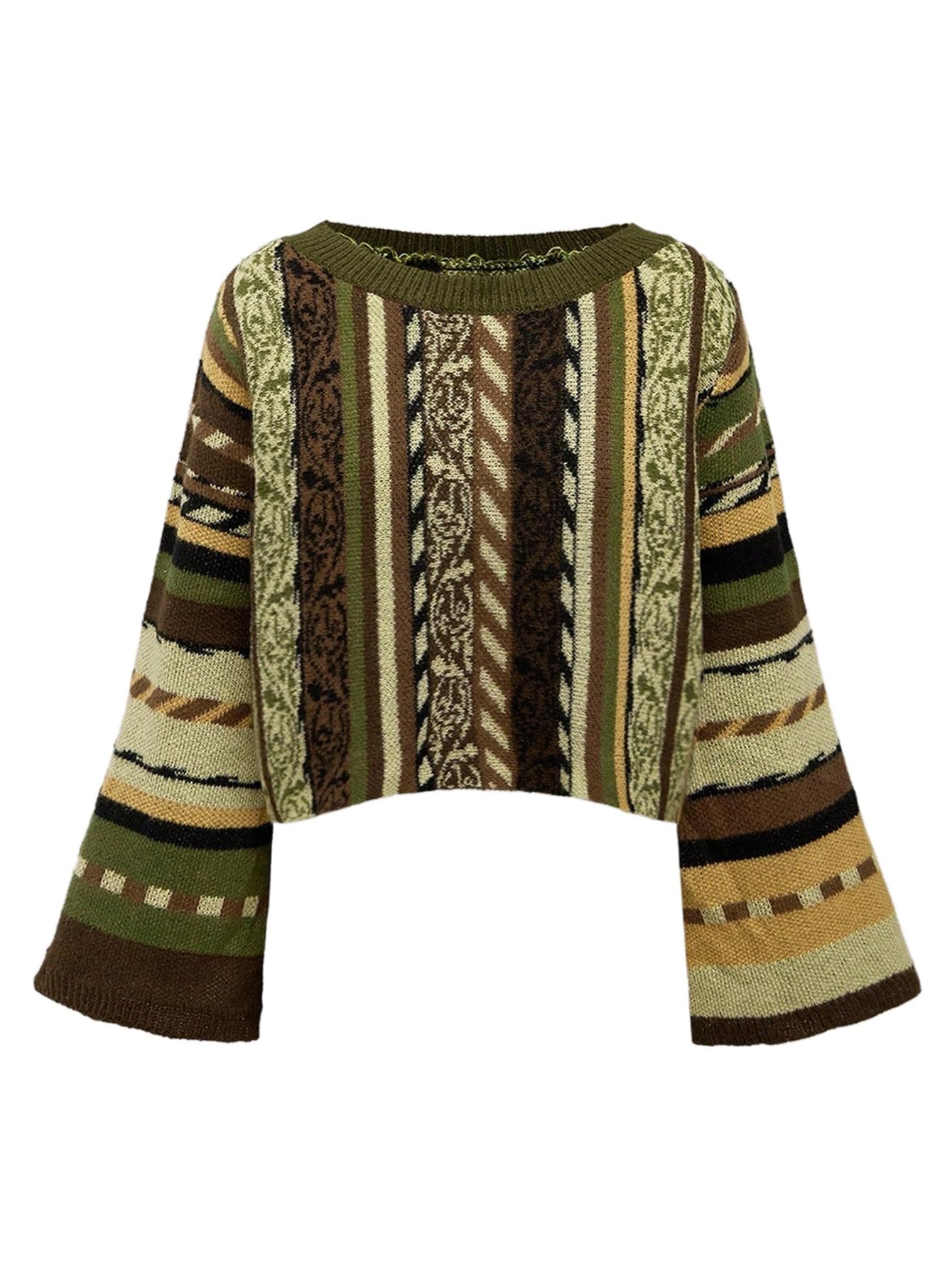 MakeMeChic Womens Boho Striped Crop Sweaters Bell Sleeve Crew Neck Knit Tops