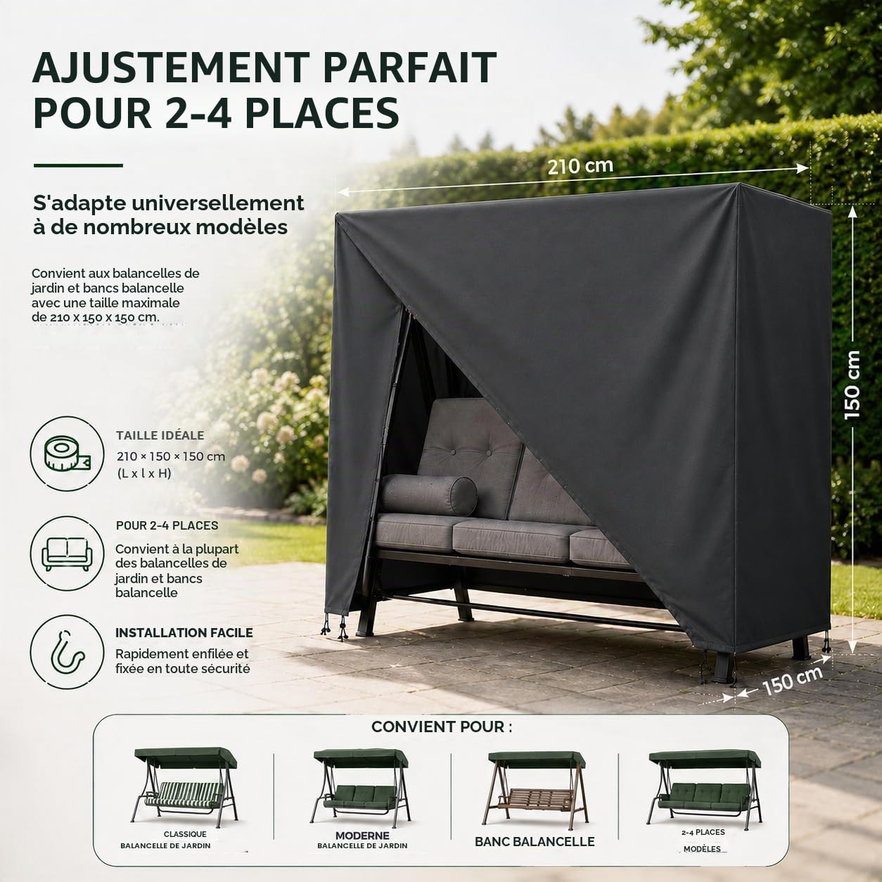 Housse de protection pour balancelle de jardin 2,3,4 places, imperméable, coupe-vent et protection UV – Bâche indéchirable pour balancelle de jardin et banc à bascule – 210 x 150 x 150 cm