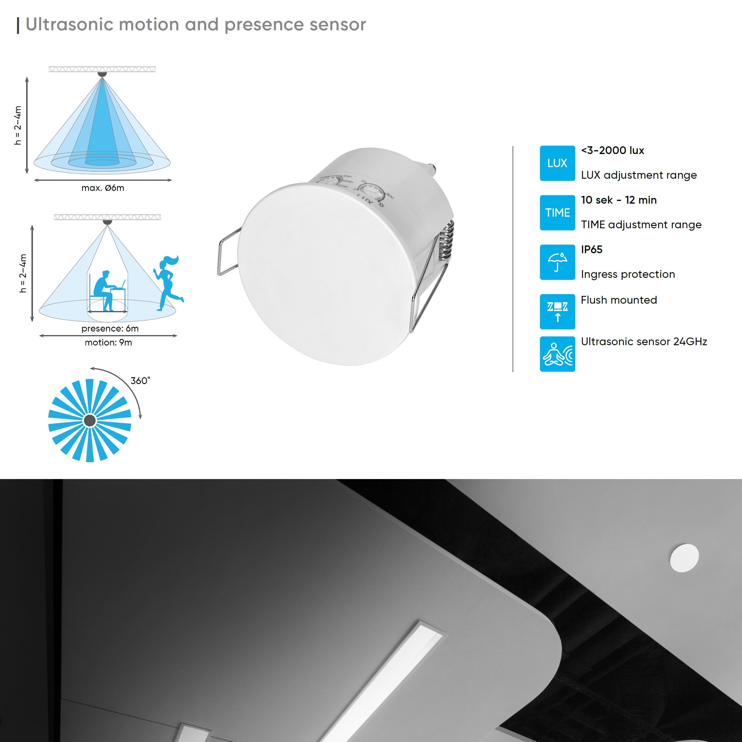 Ultrasonic High Frequency Flush-Mounted Motion Sensor IP65 24 GHz, Suitable for LED, White - Image 4