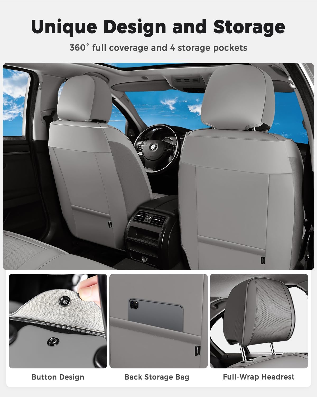 Huidasource Gray Seat Covers, Luxury Faux Leather Car Seat Cover, Velcro Adjustable, with Airbags, Seat Belts, Thinning Design Perforation Cooling＆Heating, Fit for Most Cars, Vans, Trucks, SUVs, Gray