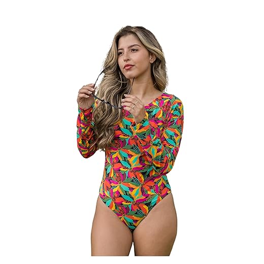 Body Maiô Feminino Manga Longa, Proteção UV, Estampa Colorida