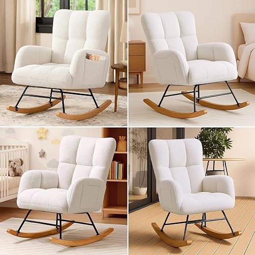 Miniatura 3 de COMHOMA Mecedora para guardería, mecedora tapizada de peluche con bolsillos laterales, silla decorativa con respaldo alto, silla de lectura