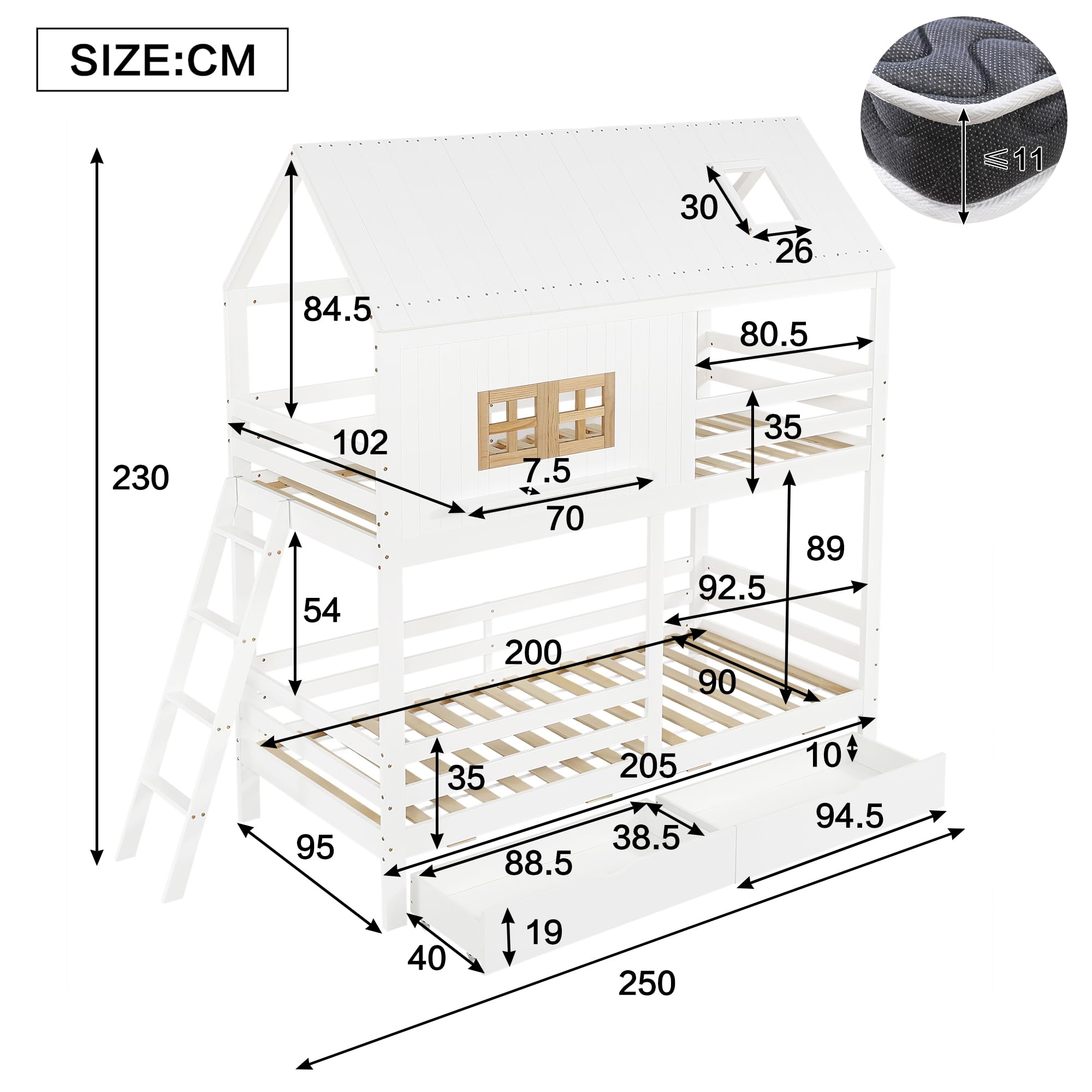 Kinderbett 90x200 cm mit Schubladen und Offene Regale, Etagenbett mit Hausformen und Fenster, Stauraumbett mit Leiter, Holzbett für Kinder und Jugendliche, Weiß+Natur-B(Ohne Matratze)