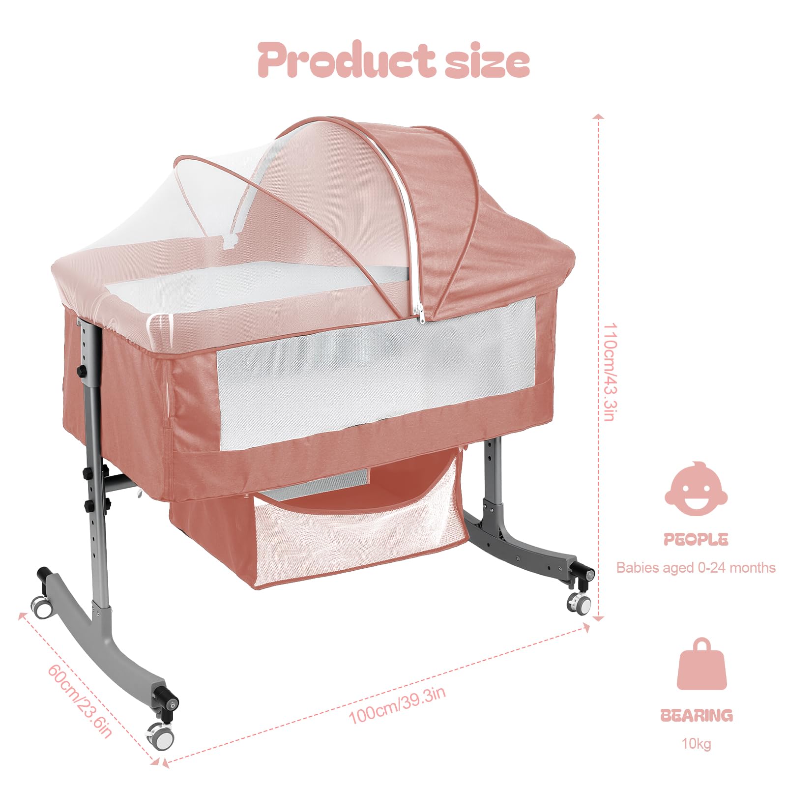 Lit bébé 4 en 1 Cododo réglable Hauteur Berceau Bascule avec Table à Langer Moustiquaire Rangement Rose