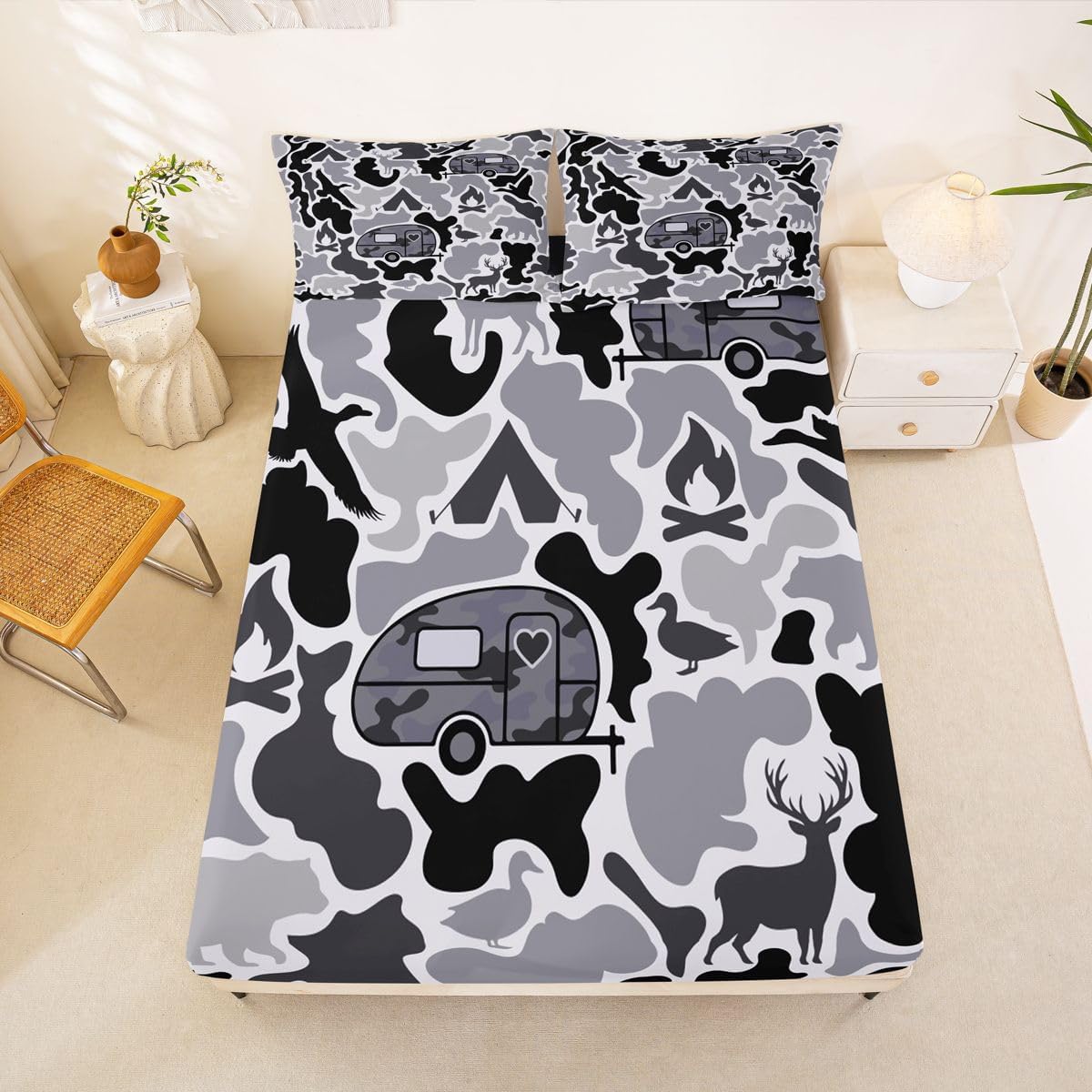 Feelyou Camo Camper Bed Sheets Set Full Size Bear Deer Duck Bed Set for Kids Boys Girls Black Grey Camouflage Camping Deep Pocket Fitted Sheet Military Style Breathable Soft Lightweight Trailer Camp