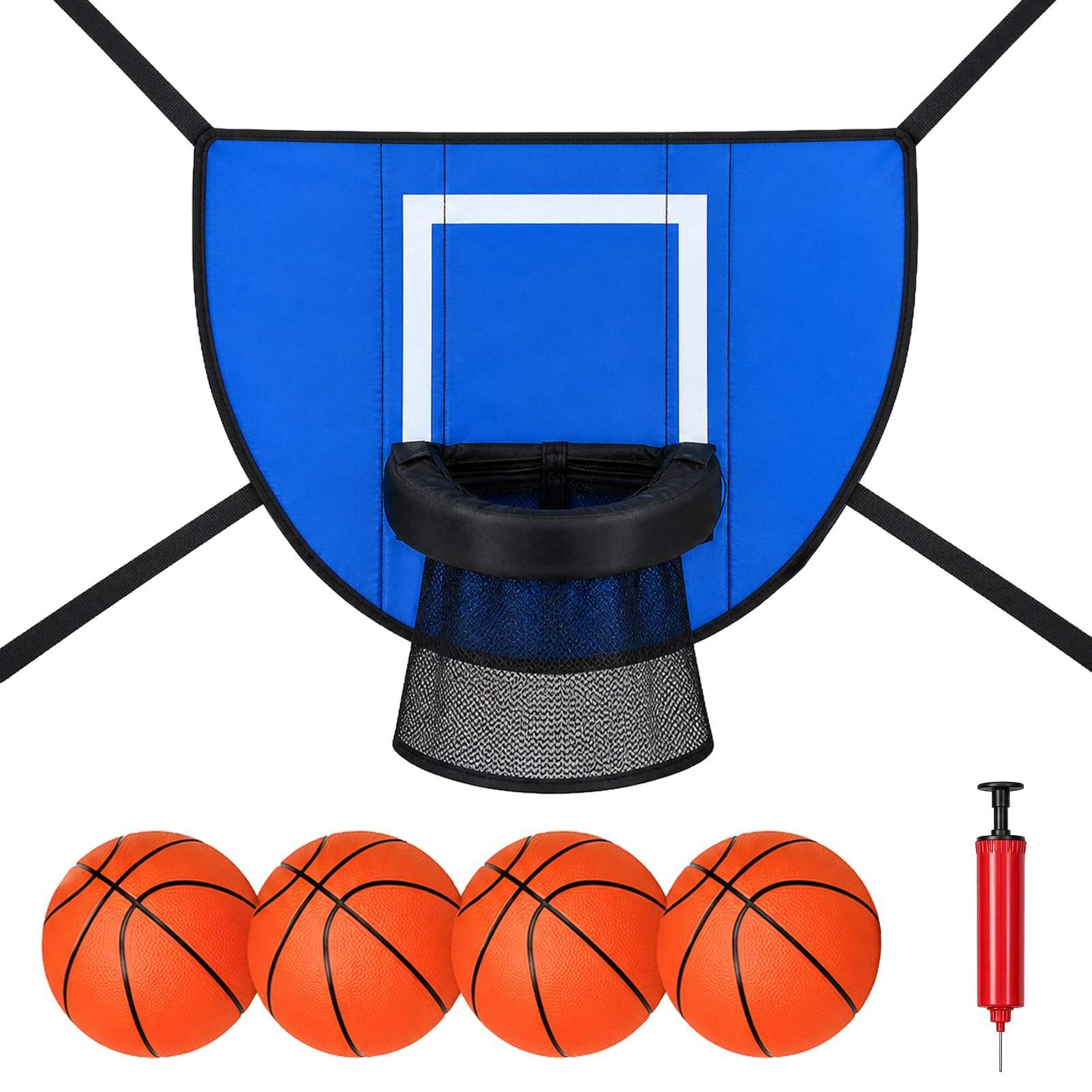 6-Piece Trampoline Basketball Hoop Set, Blue PVC Hoop with 4 Mini Basketballs & Pump, Sports Accessories for Trampoline & Backyard Games, Outdoor Family Fun