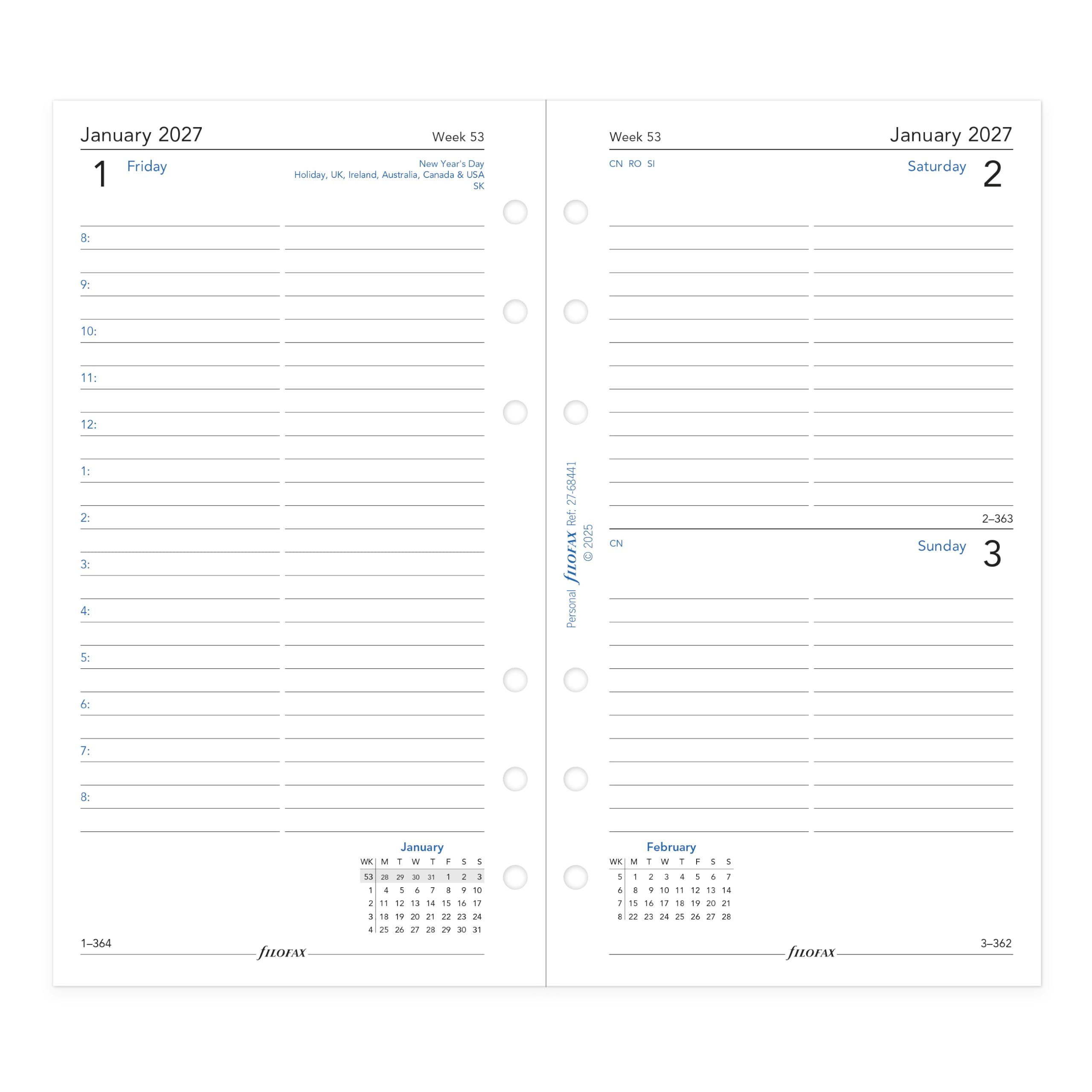 Filofax Recharge d'agenda pour calendrier, format personnel/compact, un jour sur une page avec rendez-vous, ligné, papier blanc, anglais, 2027 (C68441-27)