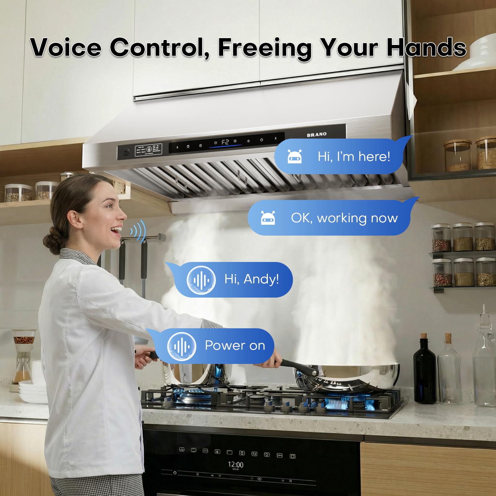 BRANO Under Cabinet Range Hood 30 Inch, 1200 CFM DC Motor Kitchen Hood with 6 Speeds Fan, Stainless Steel Ducted Vent Hood with Voice/Gesture/Touch Control,Memory Mode - 4