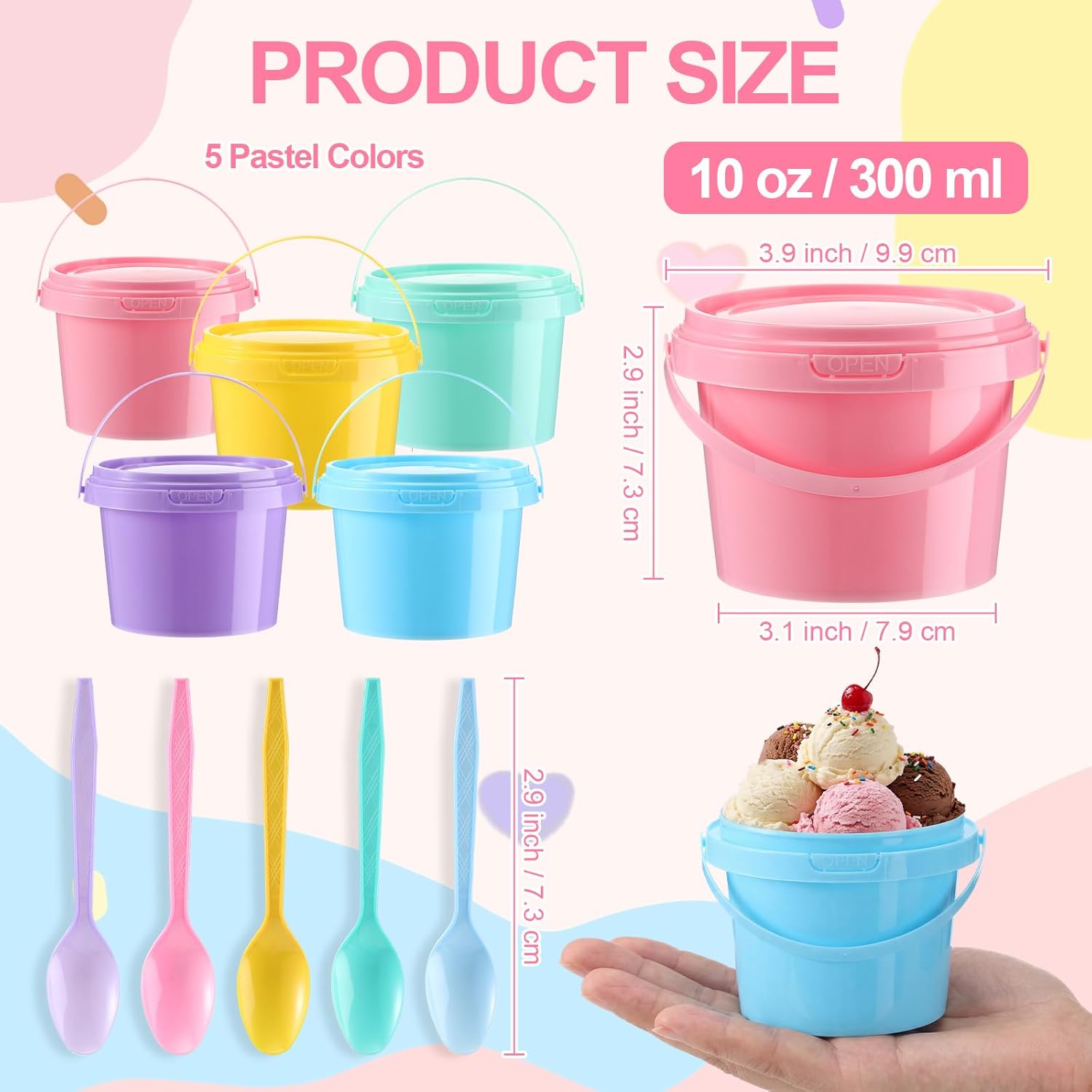 Ceenna 50 Pcs 10oz Ice Cream Bucket with Spoons Lids Handles Reusable Round Plastic Dessert Bucket Food Storage Container Multipurpose Pails Soup Cup for Deli Fruit Beverage Party Supplies, 5 Pastel