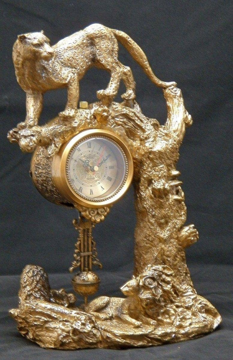 Grand Desk Mantel Shelf Time Clock with Leopard Animal Collectible Figurine