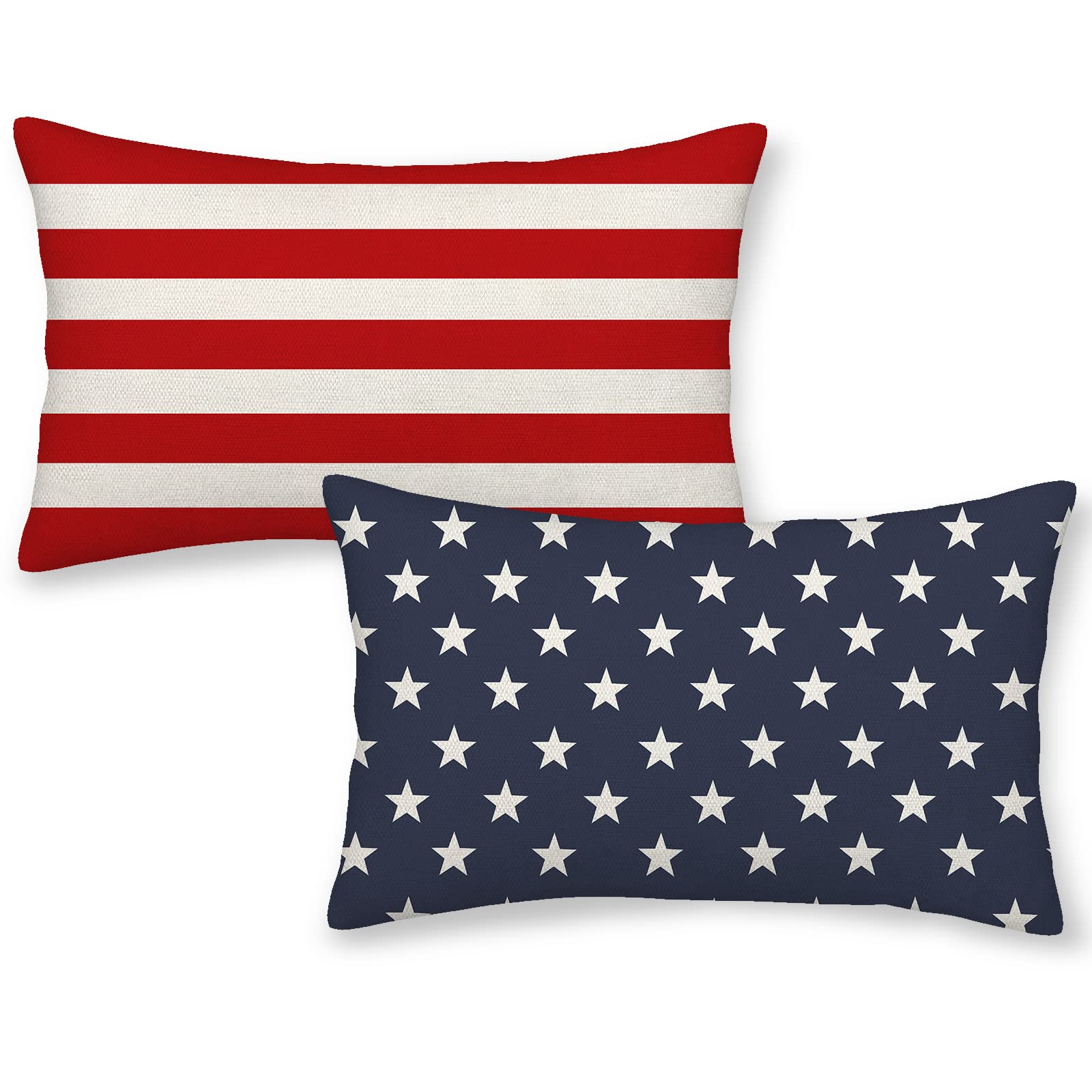 4th of July Lumbar Pillow Covers, 12x20 Inch Set of 2 Red Stripes Blue Stars Patriotic Decorative Outdoor Cushion Cover Memorial Independence Day