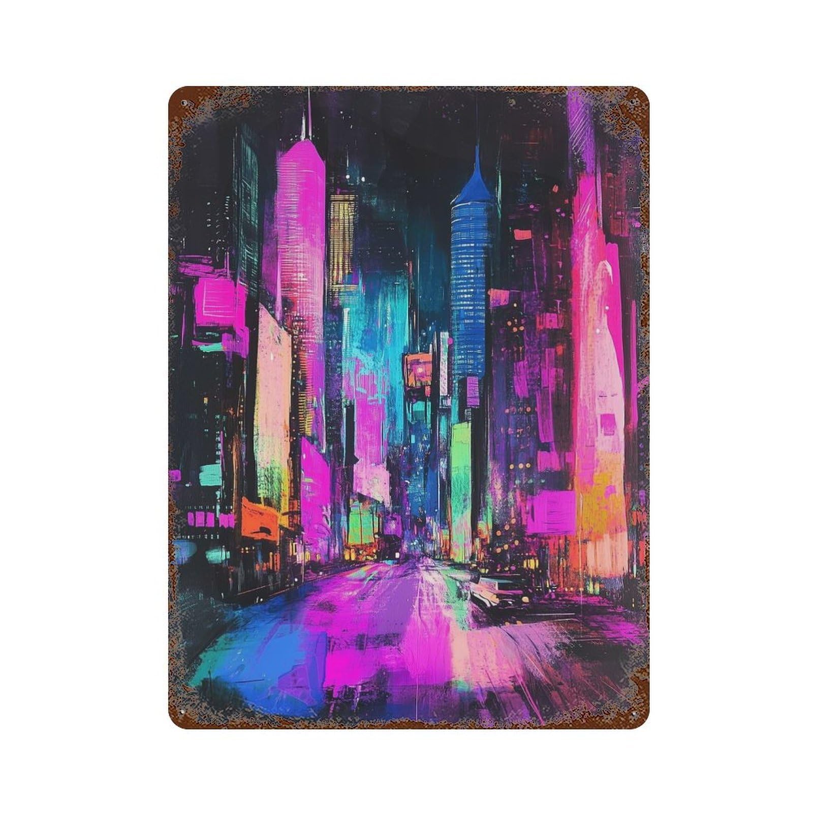 Garage Style Neon Cityscape Crayon Scratch Art Vintage Rust Metal Sign 15.7"x11.8", Industrial Home Decor for Bar And Workshop