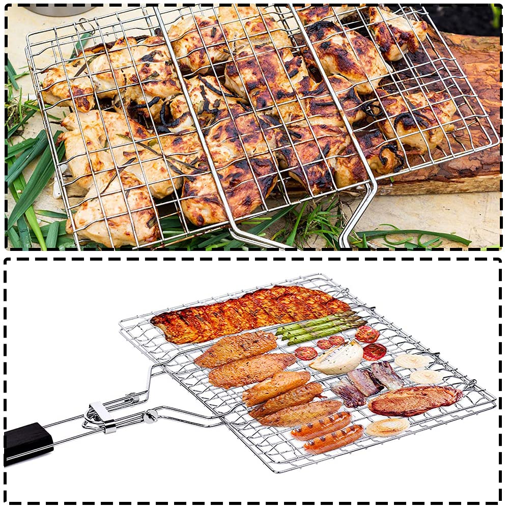 Panier à Griller En Acier Inoxydable pour Barbecue - Pliable avec Poignée Amovible pour Poisson, Steak, Crevette