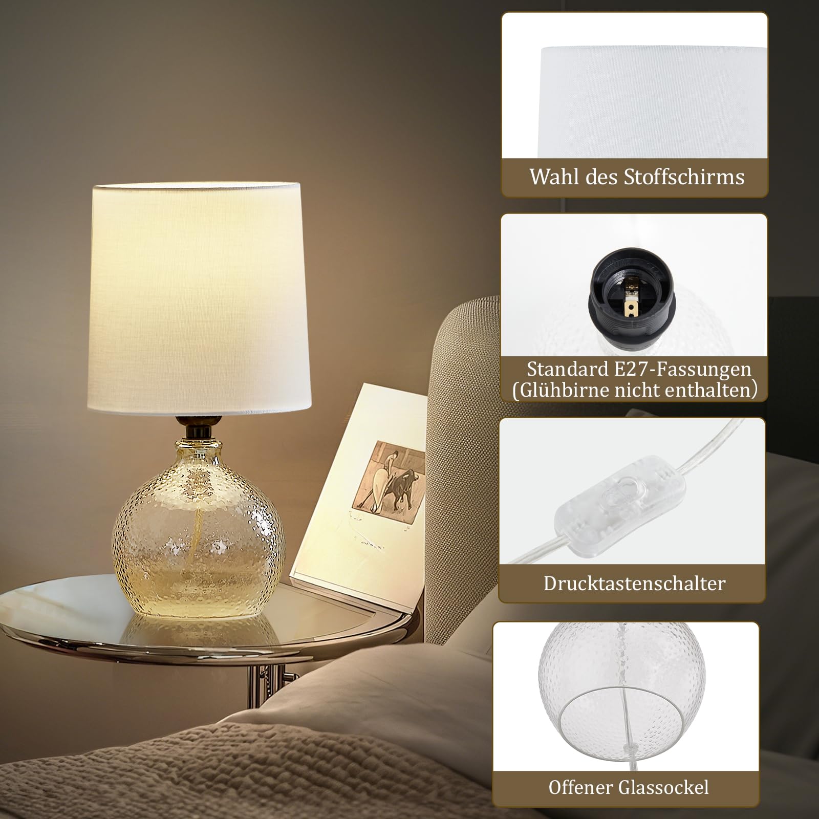 GyroVu Nachttischlampen 2er-Set, Kleine Bedside Lamp mit Lampenschirm und Glasfuß, E27 Fassung, Modern Tischlampe für Schlafzimmer Wohnzimmer Büro