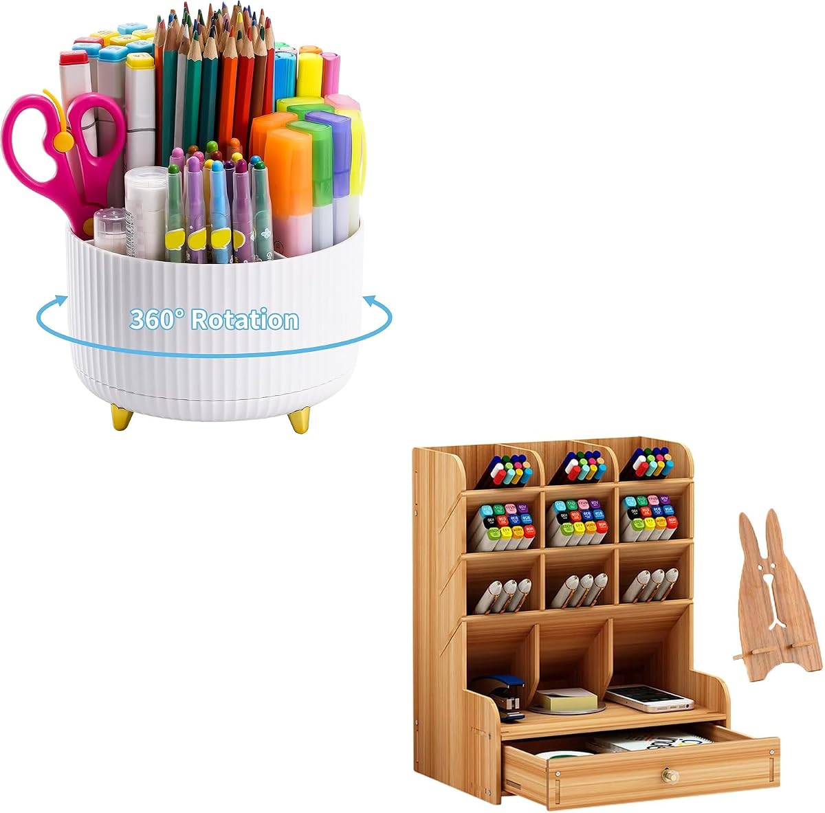 Portalápices giratorio de 360 ​​grados para escritorio, organizador de escritorio de madera