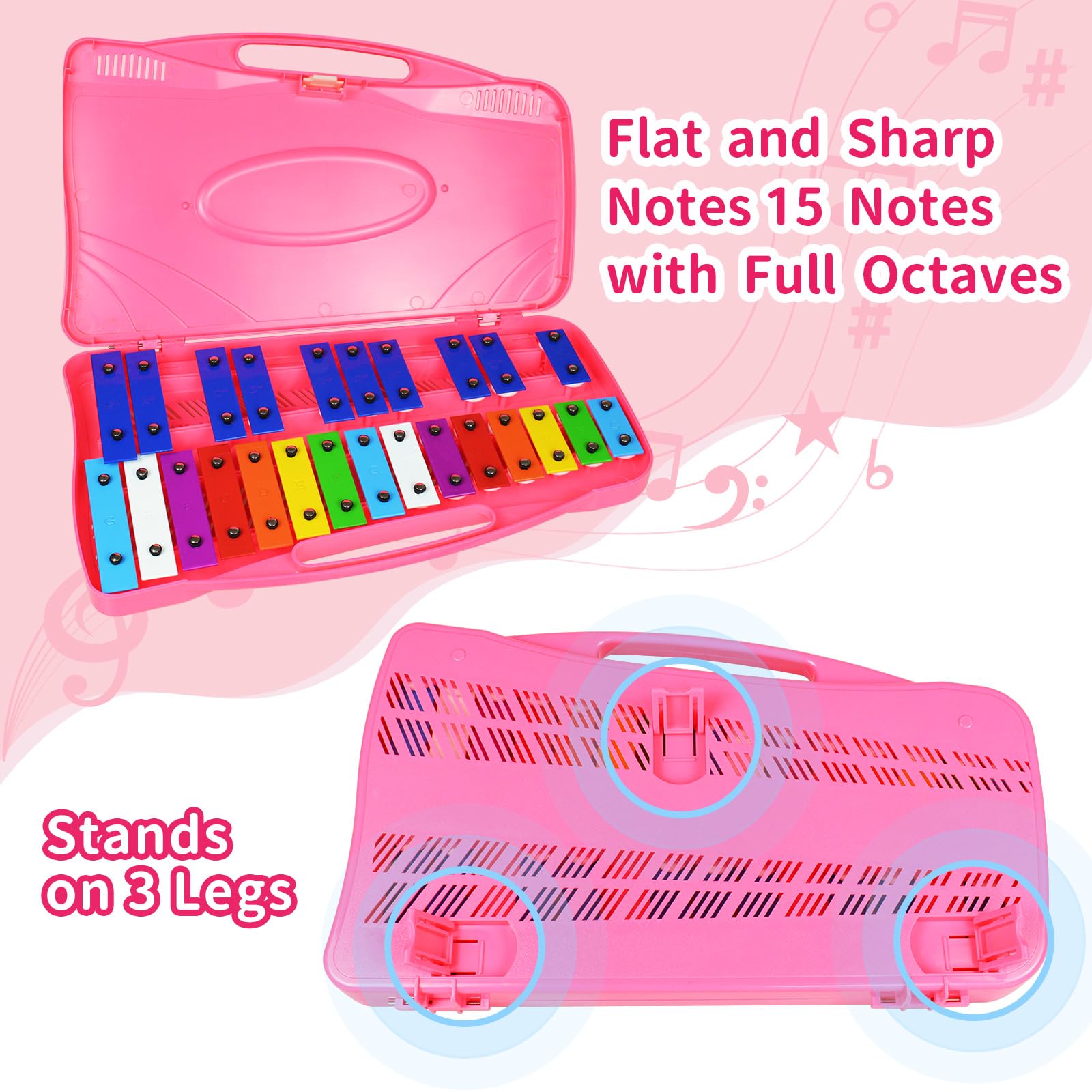Glockenspiel - Xilófono - 25 notas coloridas teclas metálicas con mazos, instrumento musical de percusión, enseñanza de música educativa para principiantes, rosa