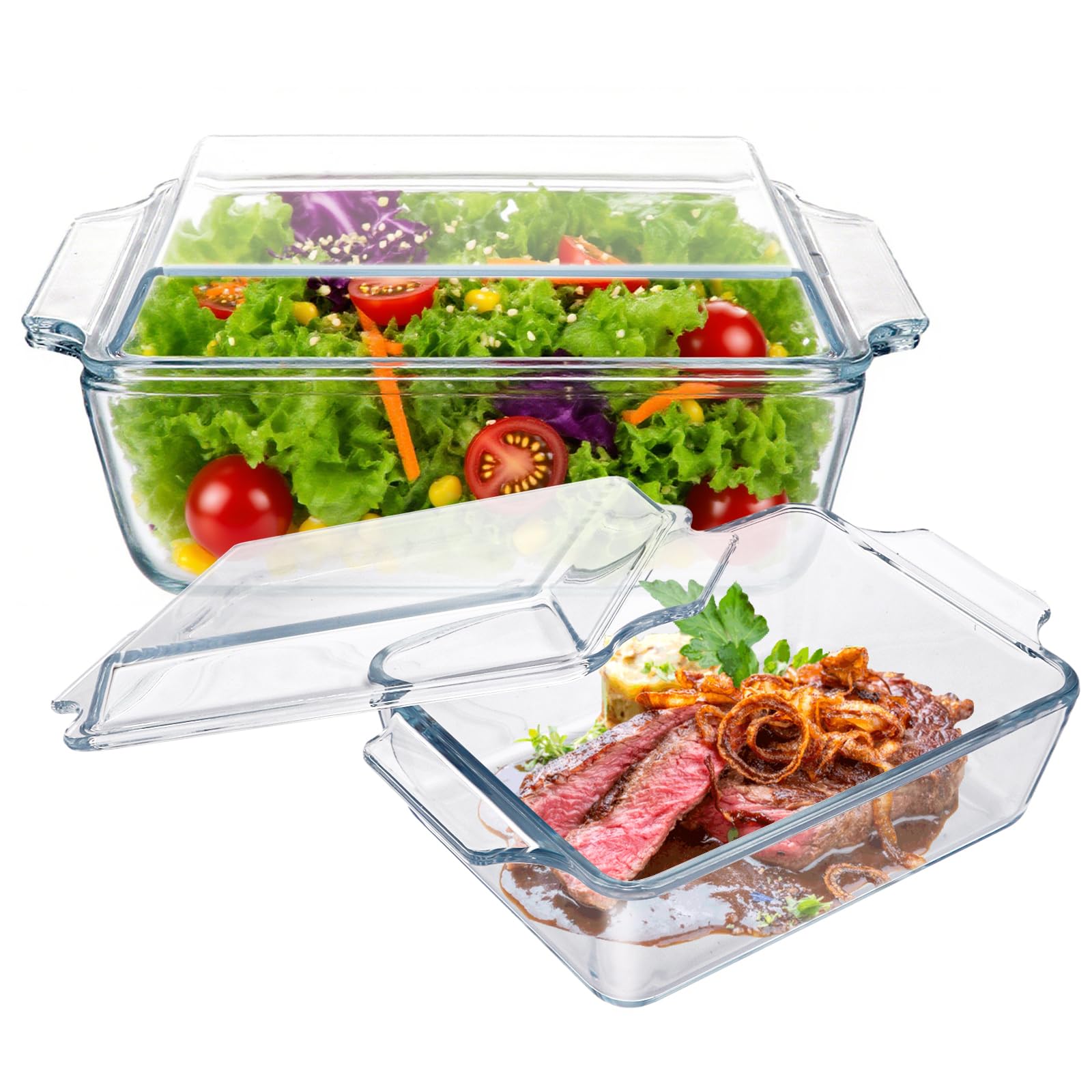 YAYODS 2 fuentes de cristal con tapa – 1000/1500 ml – Juego de cazuelas rectangulares – Utensilios microondas Lasaña de cristal – Molde para horno de cristal con asas – Cuenco de cristal para ensalada