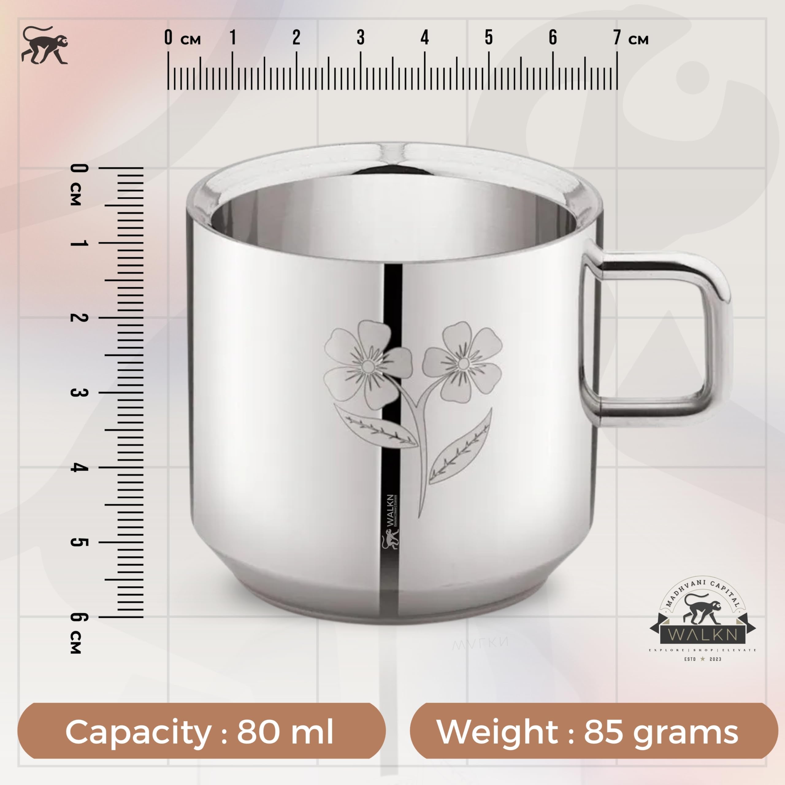 WALKN Floral Tea Cups - Set of 6 Stainless Steel -2