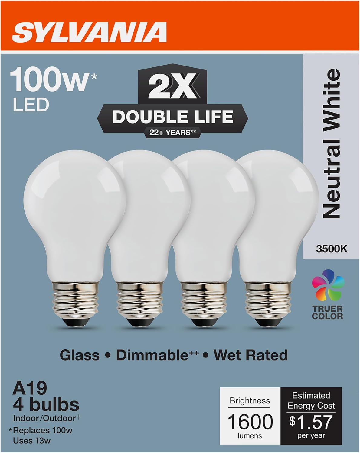 Sylvania Double Life LED Light Bulb, A19, Dimmable, E26 Base, 100W, 4 Pack