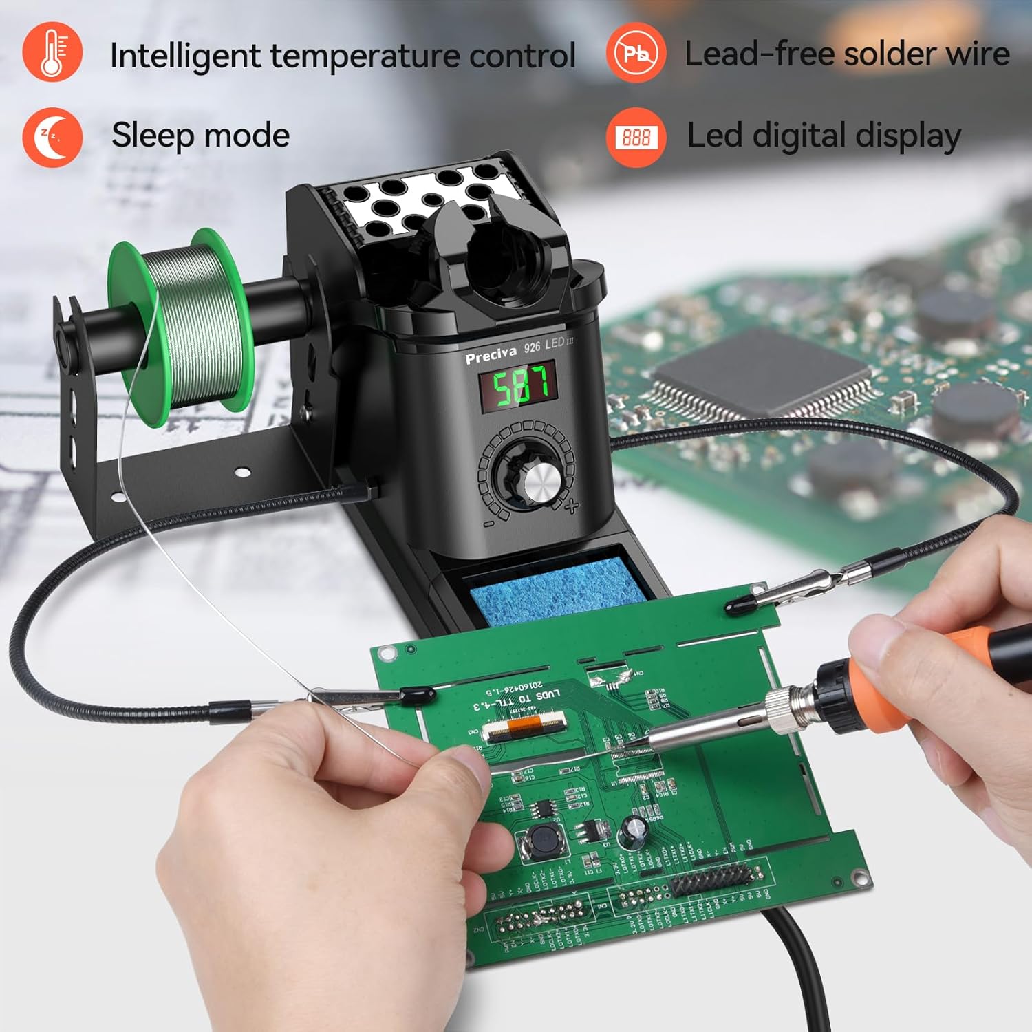 Preciva 926 III 60W Digital Soldering Station with Auto Sleep & Calibration | Complete Kit Includes 5 Tips, Helping Hands, Solder Wire, Solder Wick | °C/ºF Display SS11803