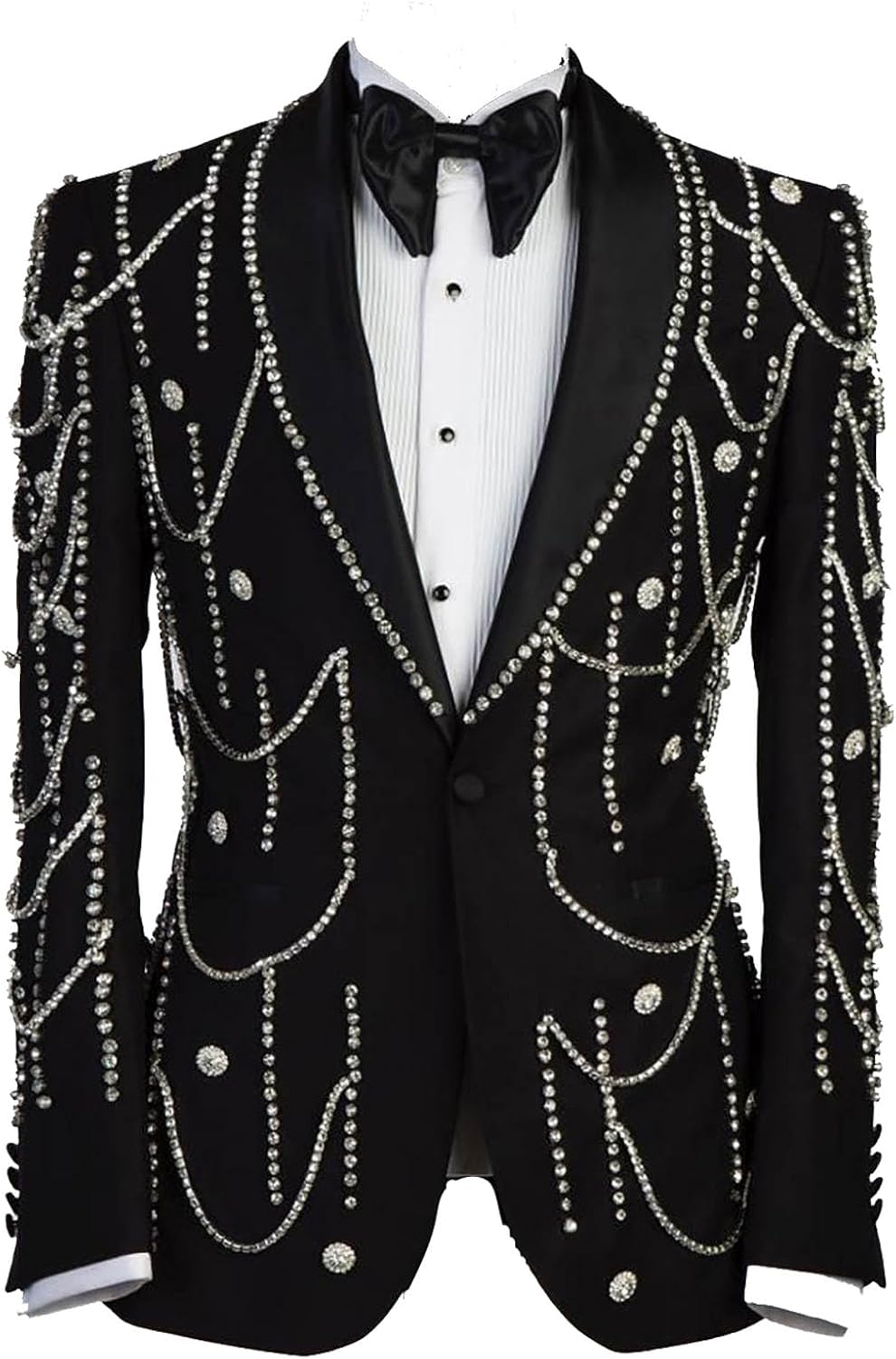 Men's Luxury Handmade Rhinestone Tuxedo Blazer Slim Fit Shawl Lapel Single Breasted Jacket for Dinner Prom Wedding