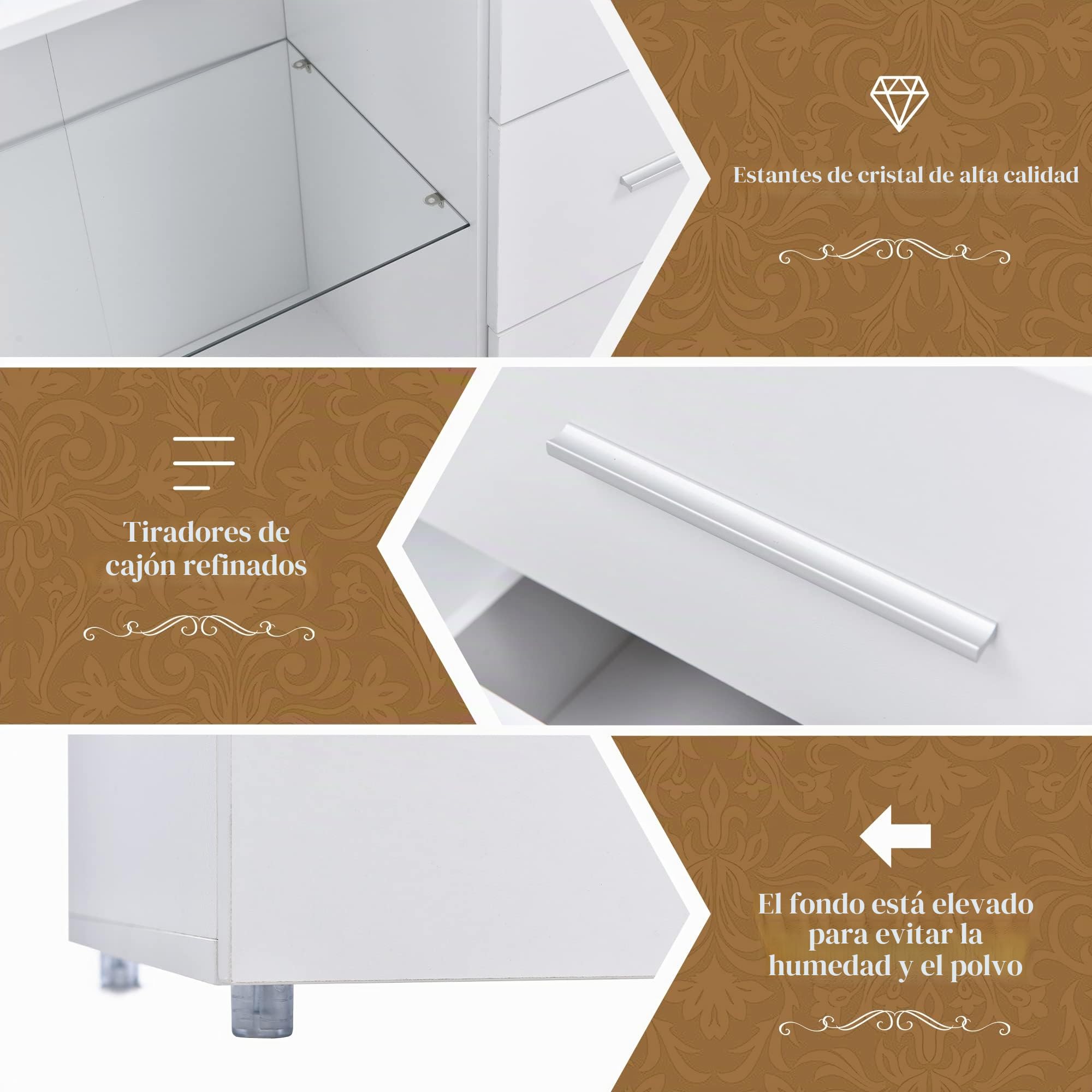 Azkoeesy Aparador LED 140 x 35 x 72 cm, Blanco, Cómoda con 3 cajones - Puertas acrílicas - Tiradores Plateados - Mueble TV/Buffet para Comedor/salón/Cocina