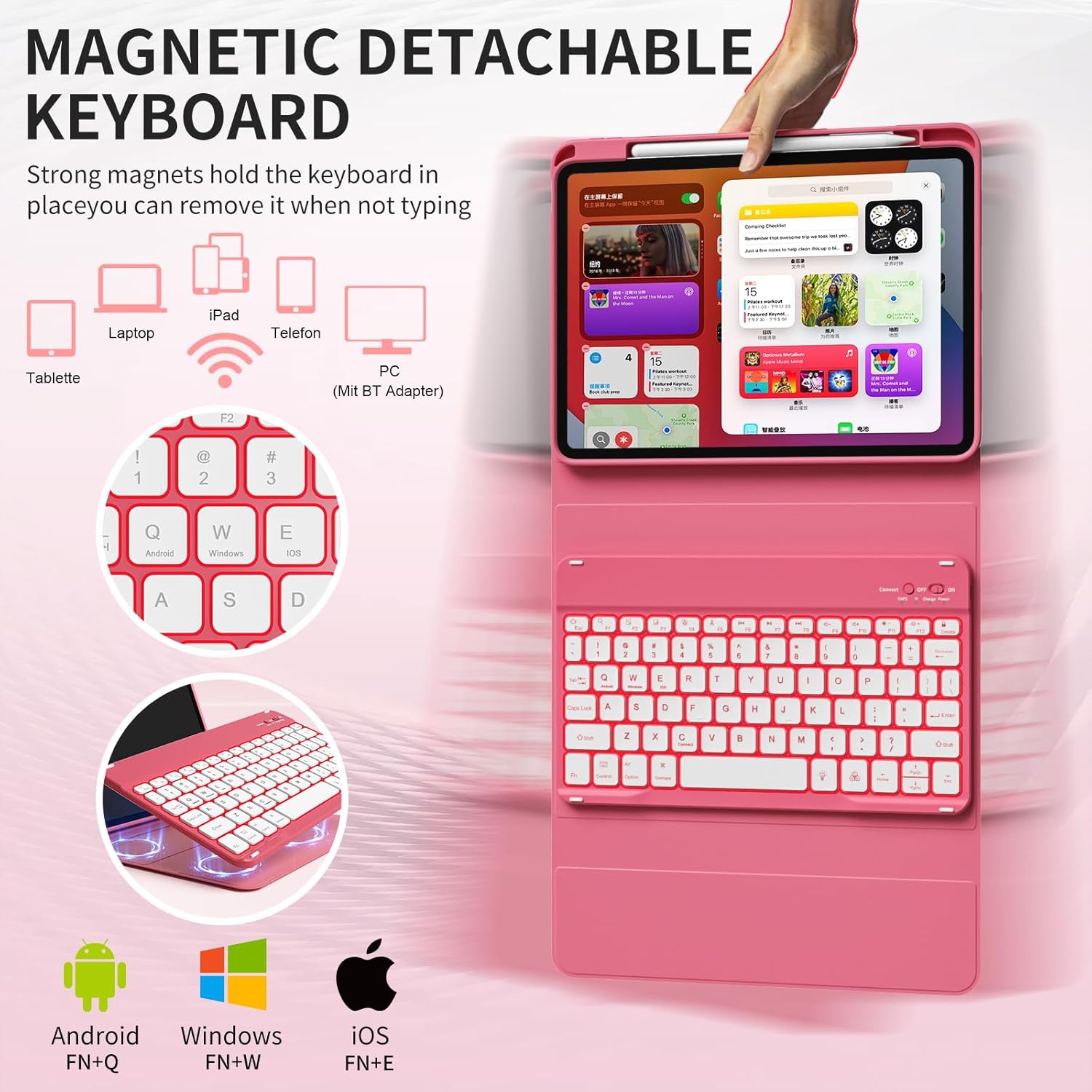for iPad (A16) 11th Generation 2025 11-inch/10th Generation 2022 10.9 inch with Keyboard, 7 Colors Backlit Square Keycaps, Detachable Wireless Bluetooth Keyboard Case with Pencil Holder, Pink