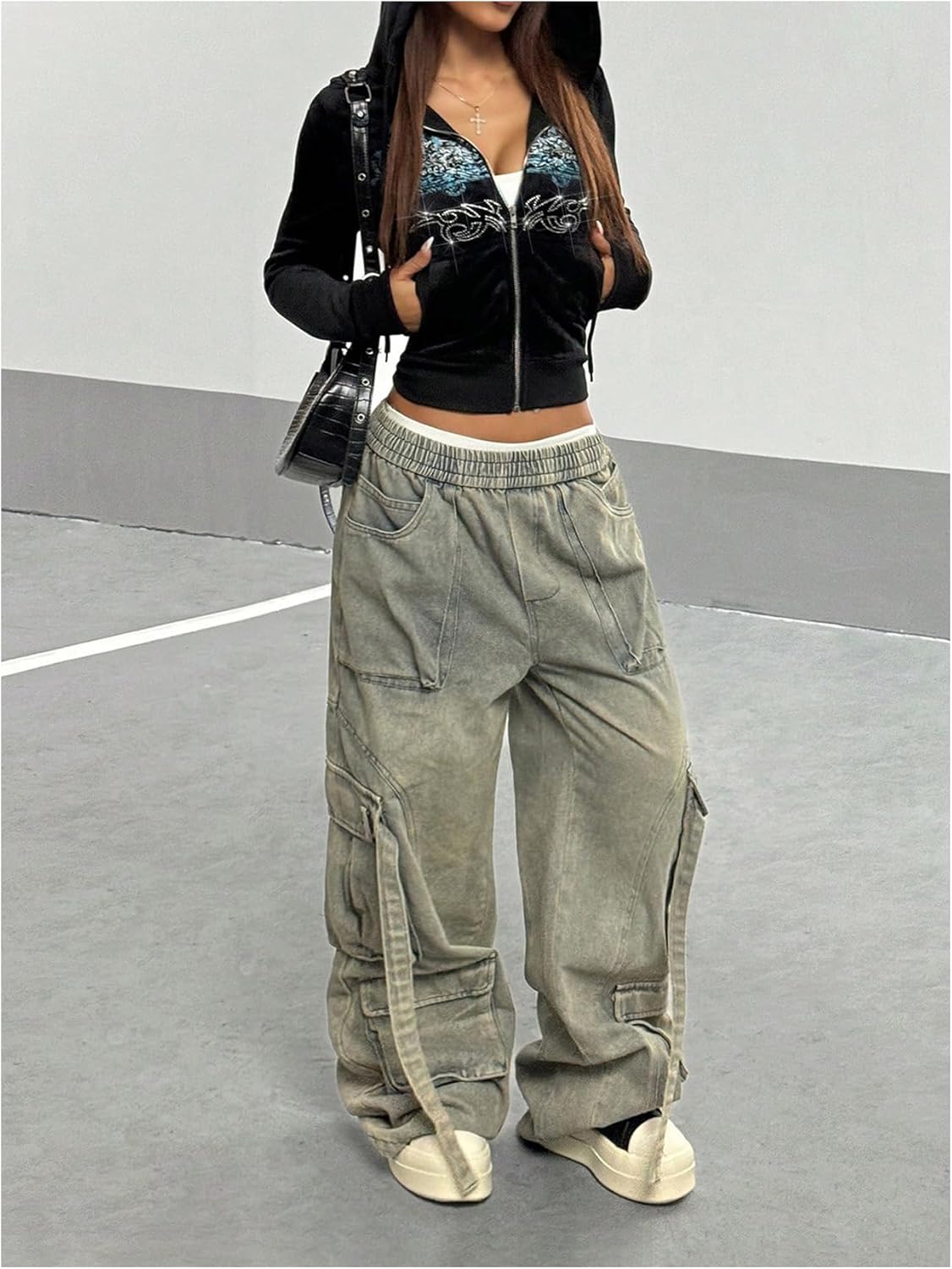 Milumia Women's Gothic Graphic Zip Up Crop Hoodies Velvet Rhinestone Sweatshirt Jackets