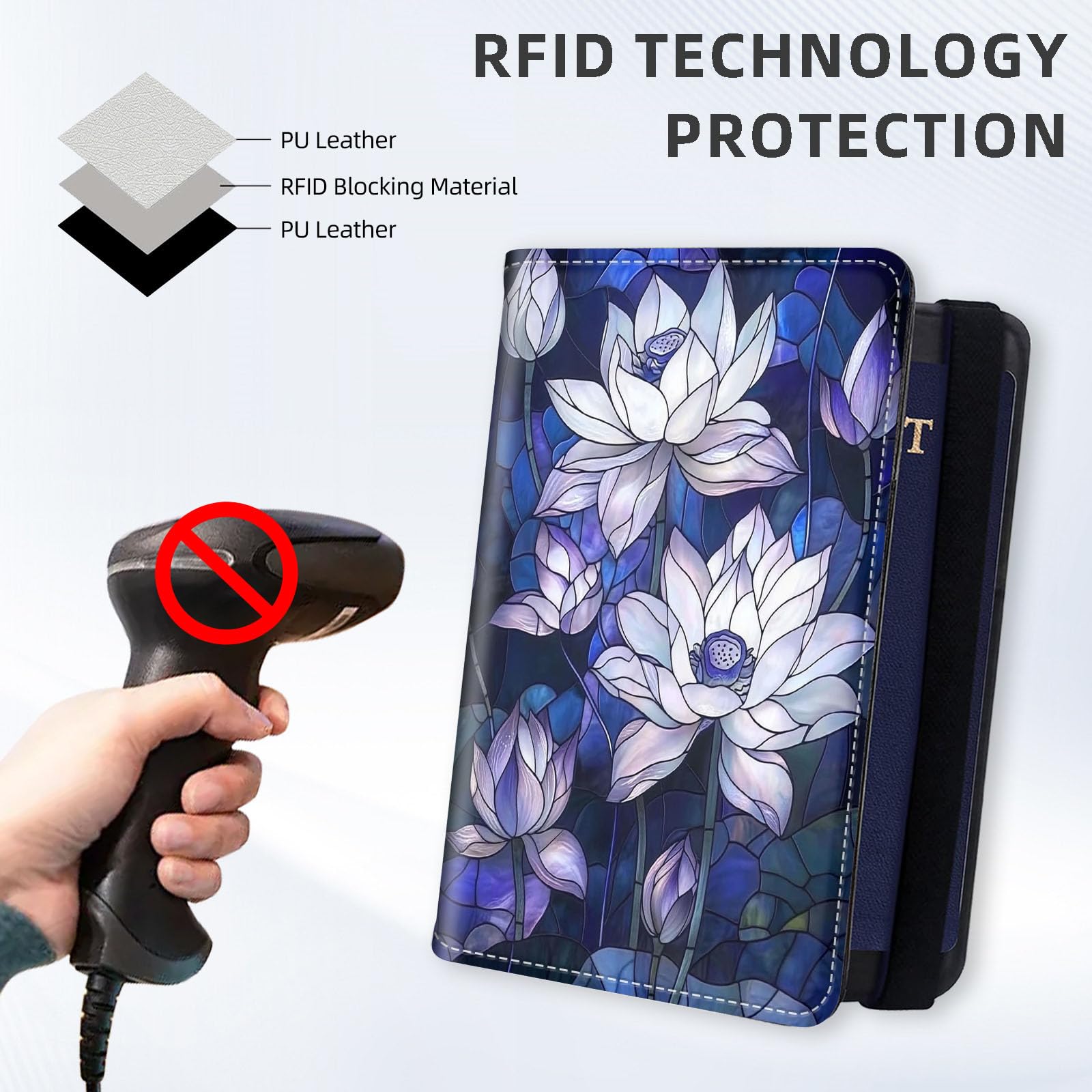 Cartera para pasaporte con bloqueo RFID, accesorios de viaje de cuero de primera calidad para mujeres y hombres, organizador seguro para tarjetas, 18, Cristal de loto blanco, 4.25 * 5.6 IN