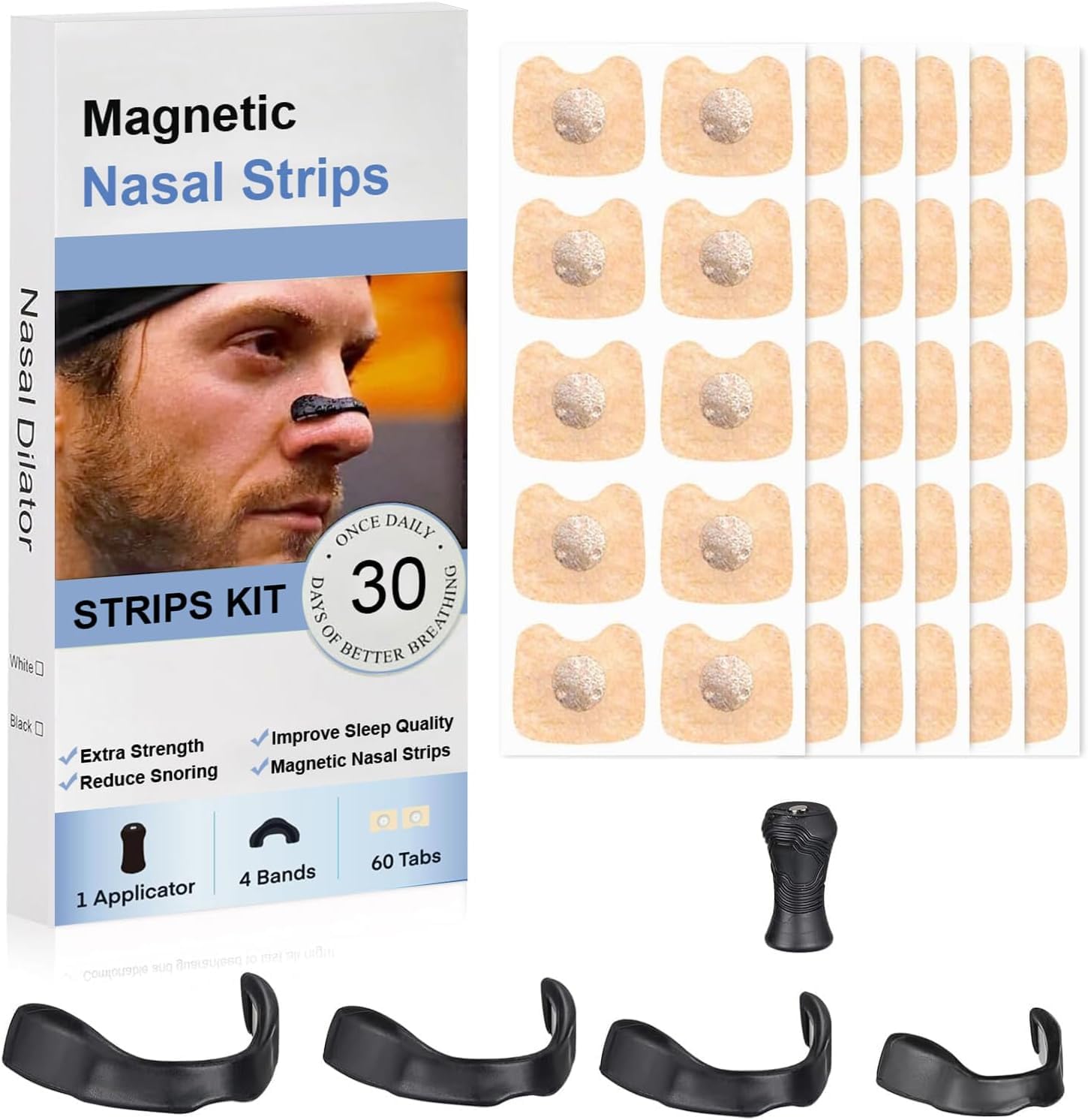 Magnetic Nasal Strips for Breathing and Anti-Snoring, Skin-Friendly Design for Men and Women (30 pairs)