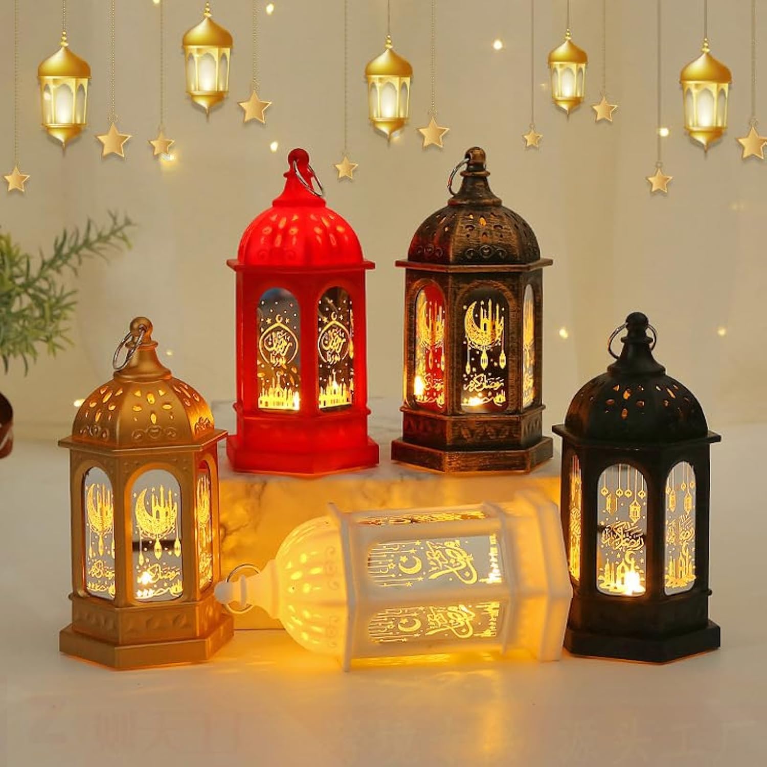Aowin Ramadan Lantern Mini Eid Mubarak Candle Lantern Led Candle Light Moon Castle Muslim Hanging Candle Lanterns Gifts for Home Outdoor Festival Party Decor Ramadan Decorations (5pcs)