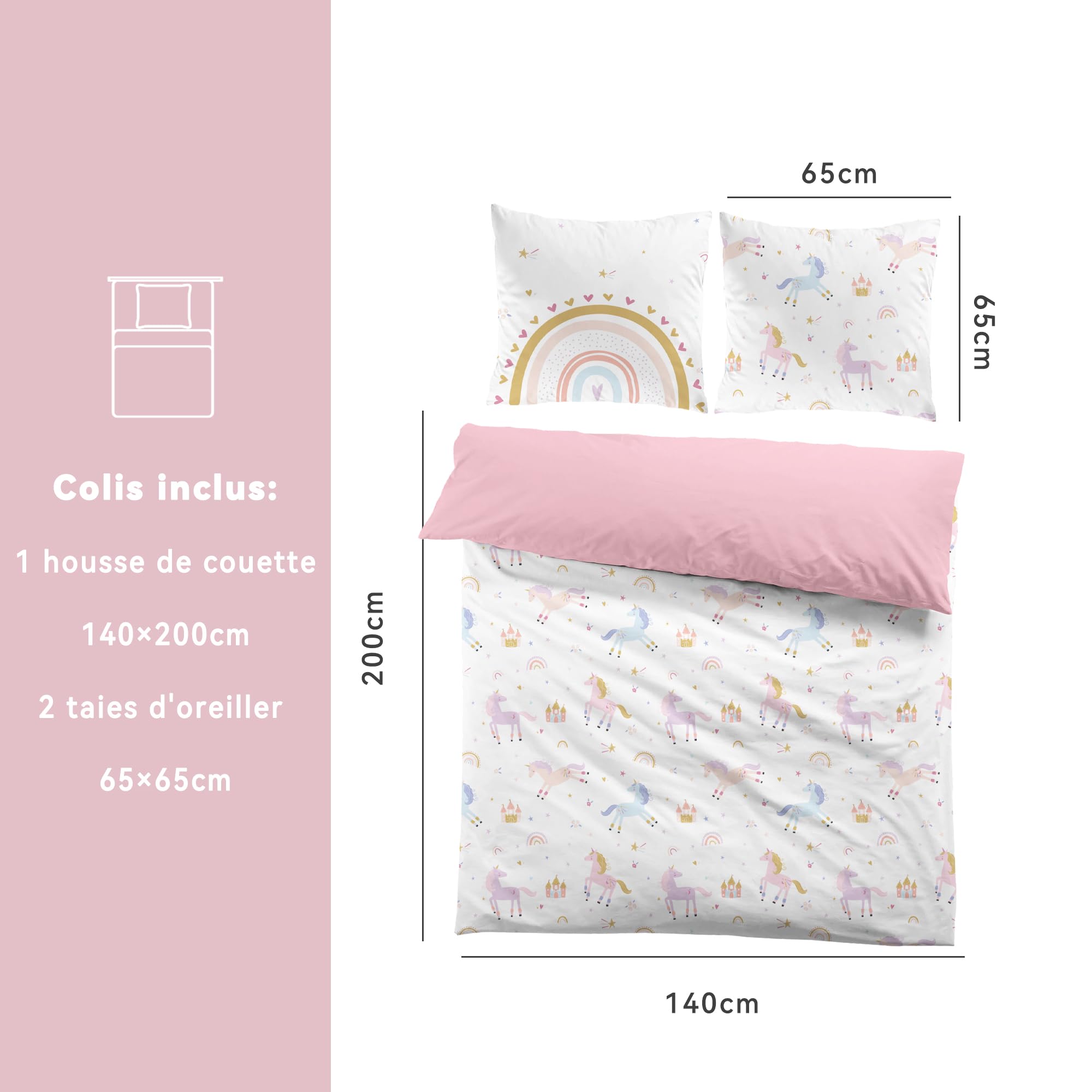 Housse de Couette Licorne de Couleur Parure de lit Couette 3 Pièces