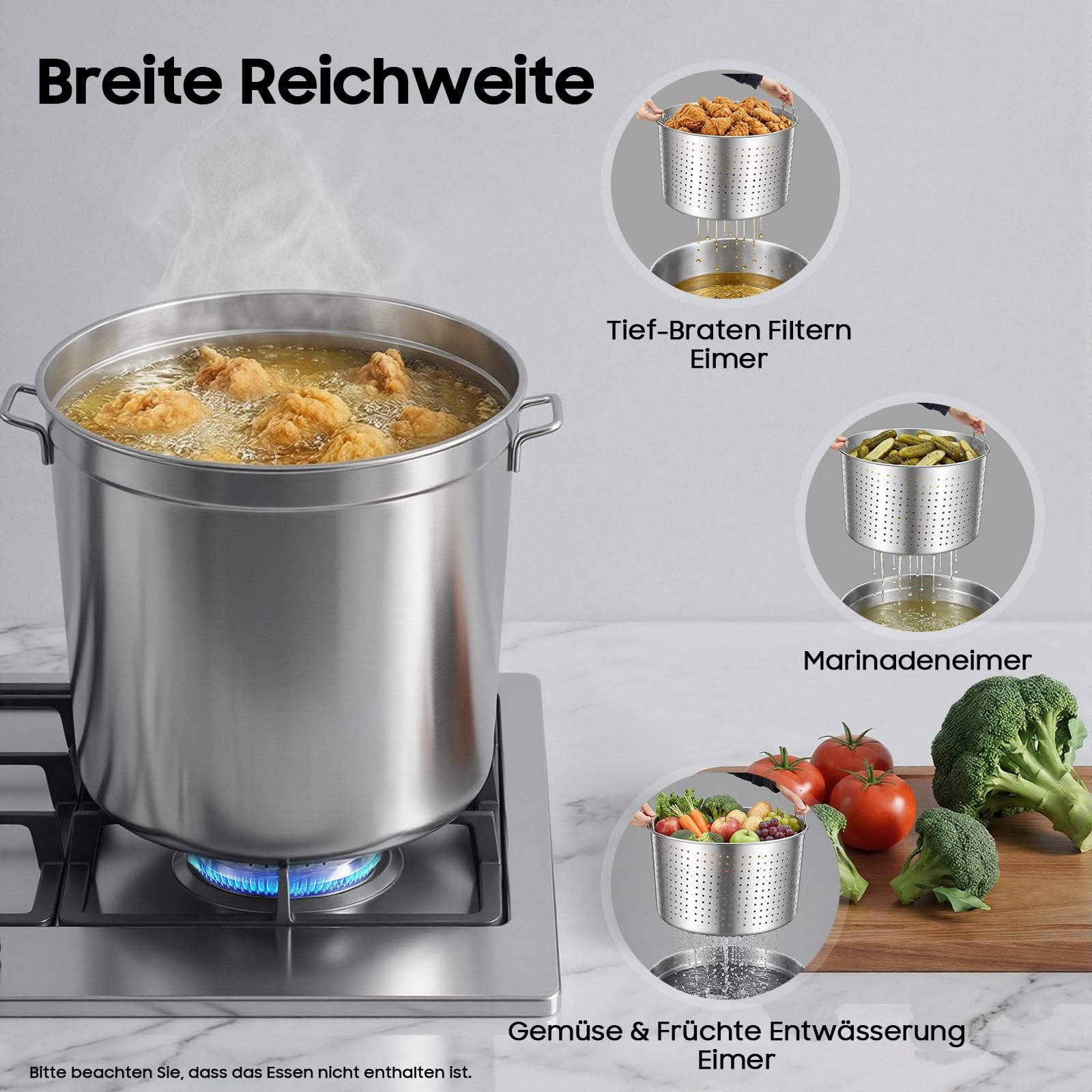 Pentola con cestello, coperchio, manici, pentola universale, per zuppe, gastronomia, casseruola in acciaio inox, pentola grande per salse, friggere, ristoranti, hotel, argento, 50 l, 49,5 x 49,5 x 50