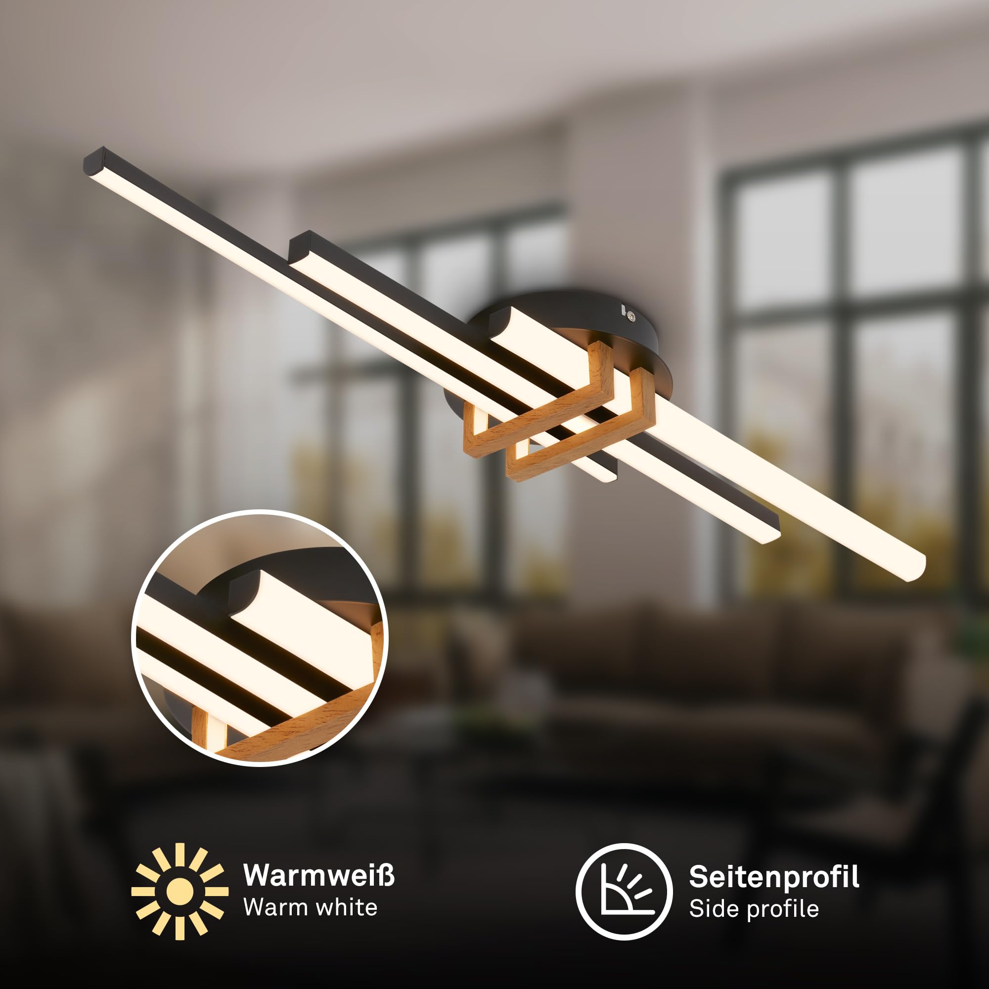 BRILONER - Lampa sufitowa LED z ciepłym białym światłem, profile narożne, salon, sypialnia, lampa sufitowa, 78,5 x 16 x 7,5 cm, czarno-drewno