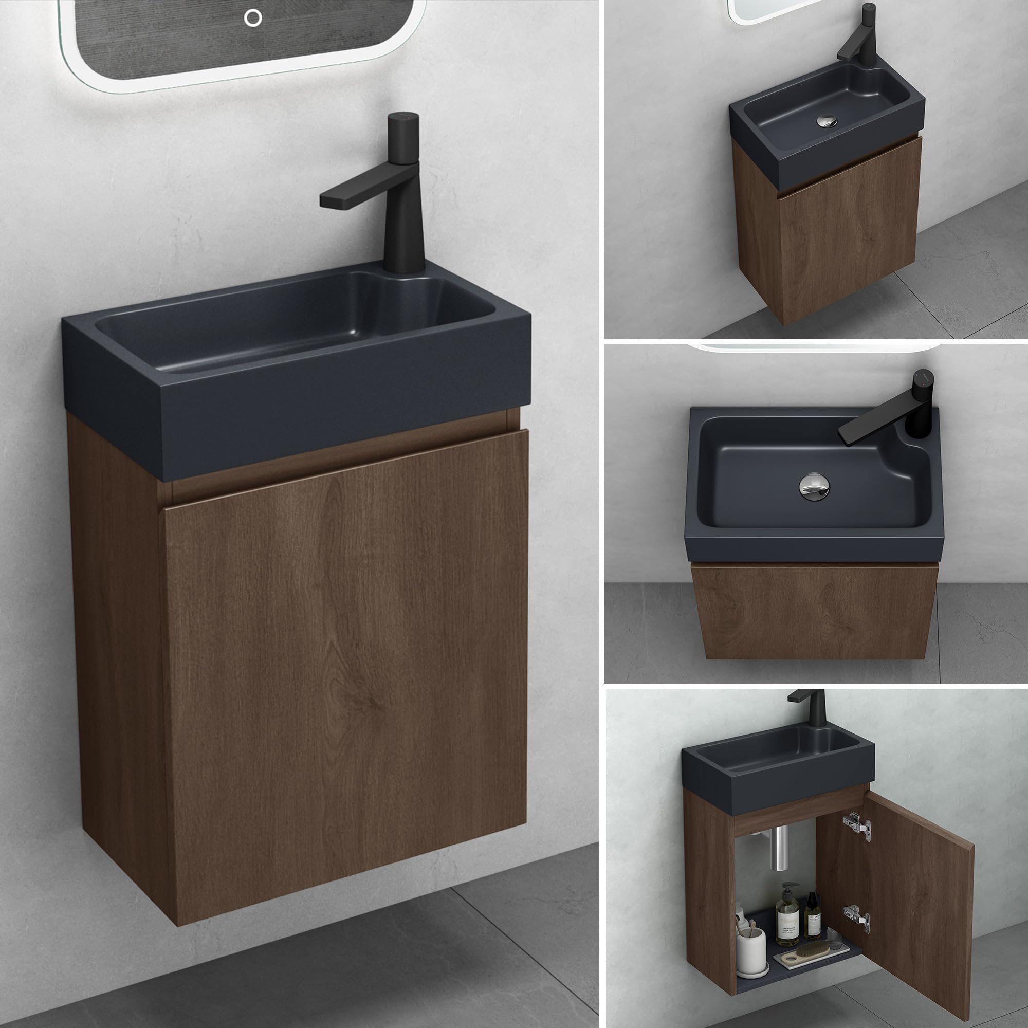 Mai & Mai Mueble de Baño con Lavabo 46x26x63 cm – Suspendido, Mármol Fundido Antracita Mate, Acabado Roble Stirling, con Espacio de Almacenaje