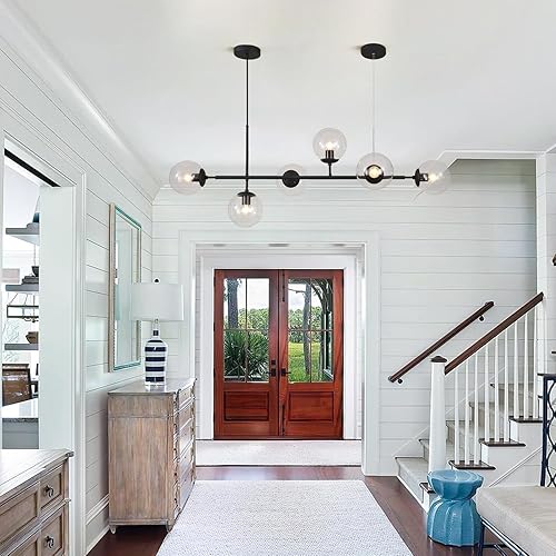 Miniatura 7 de KCO - Lámpara colgante de cristal transparente con 6 luces, candelabro ajustable estilo vintage de mediados de siglo, lámpara colgante para isla de