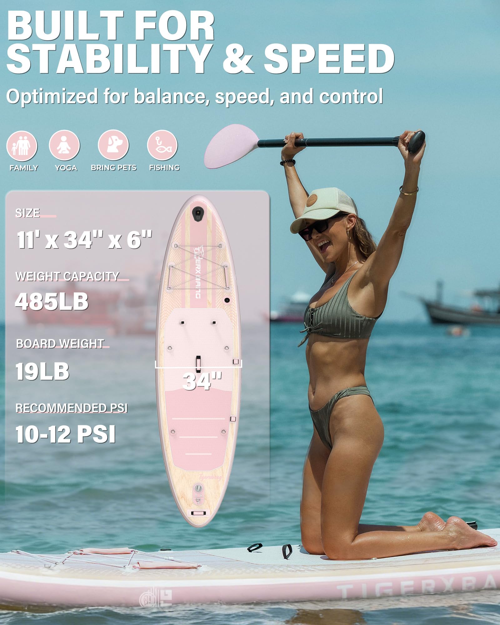 TIGERXBANG Nadmuchiwana deska SUP z akcesoriami do deski SUP, antypoślizgowy pokład EVA, deska do wiosłowania stojąco 335 cm/320 cm, dla dorosłych i młodzieży – wszystkie poziomy umiejętności, różowa