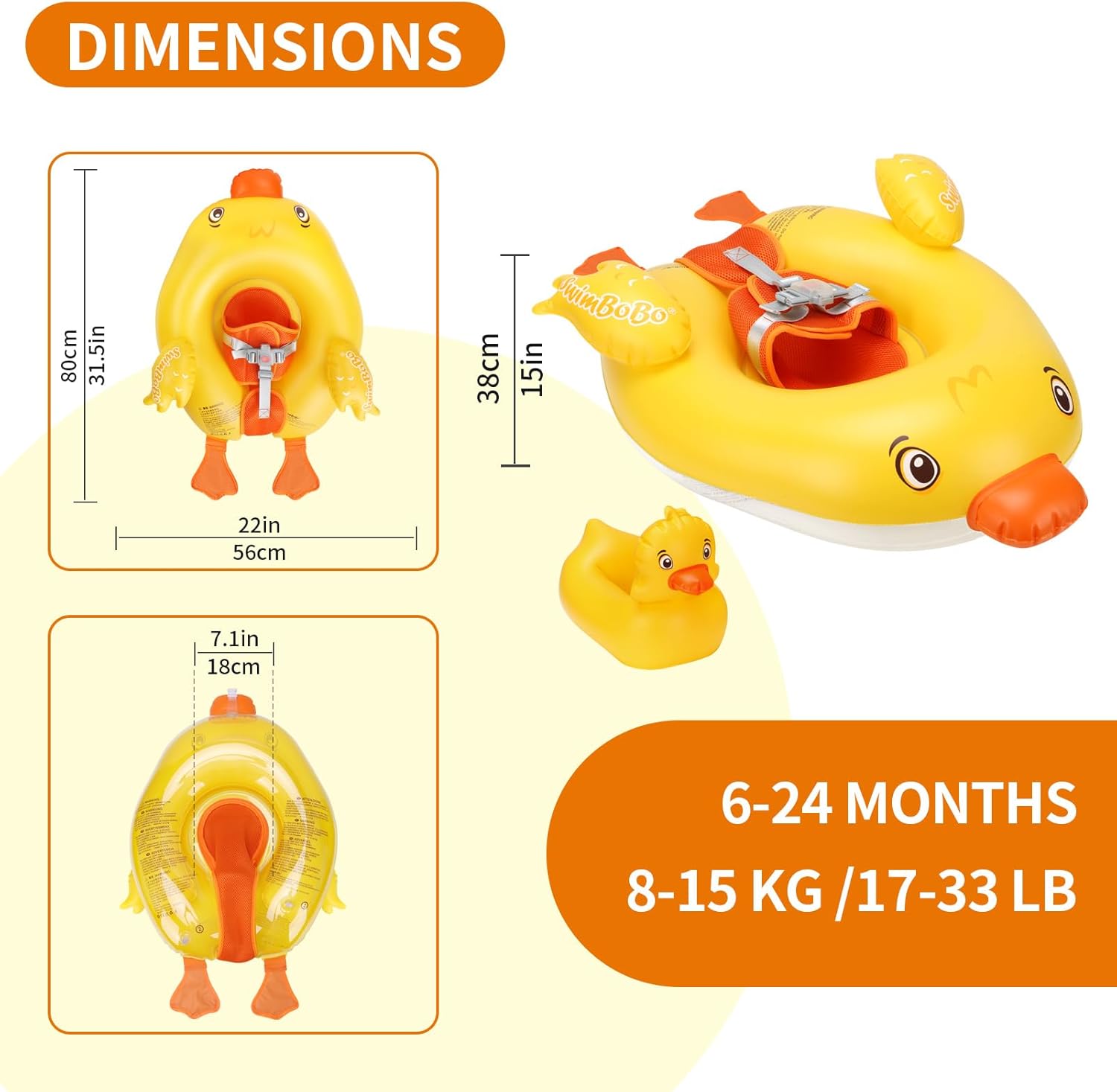 Swimbobo Inflatable Baby Float with Toy, No-Sleeve Design, Soft Abdominal Support, Cute Animal Swim Ring for Infants & Toddlers